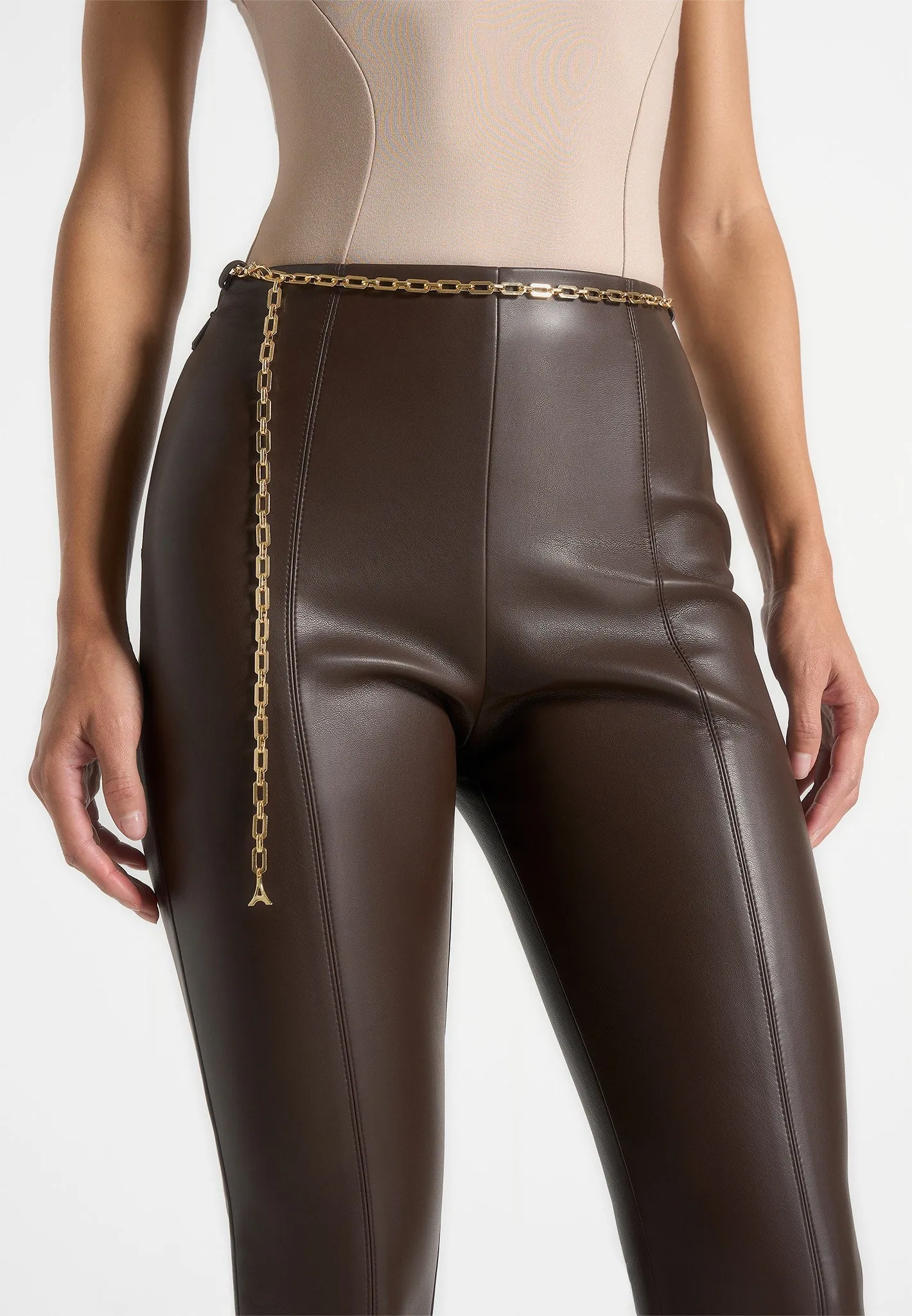 Ninon - Leather Fit And Flare Leggings With Chain - Brown Crisp Look Sleek Style