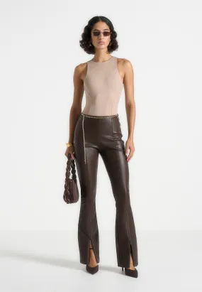 Ninon - Leather Fit And Flare Leggings With Chain - Brown Work Commute Slim Fit Clean Finish