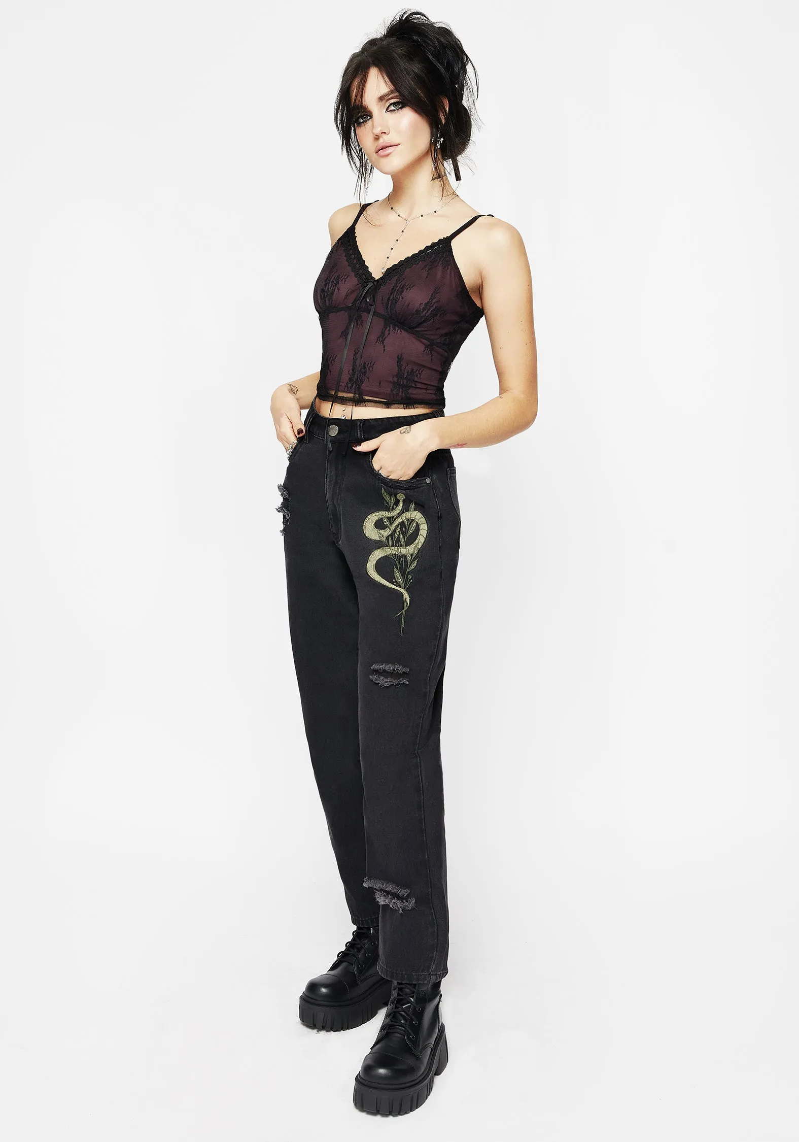 Refined Detail Nirah Embroidered Distressed Mom Jeans