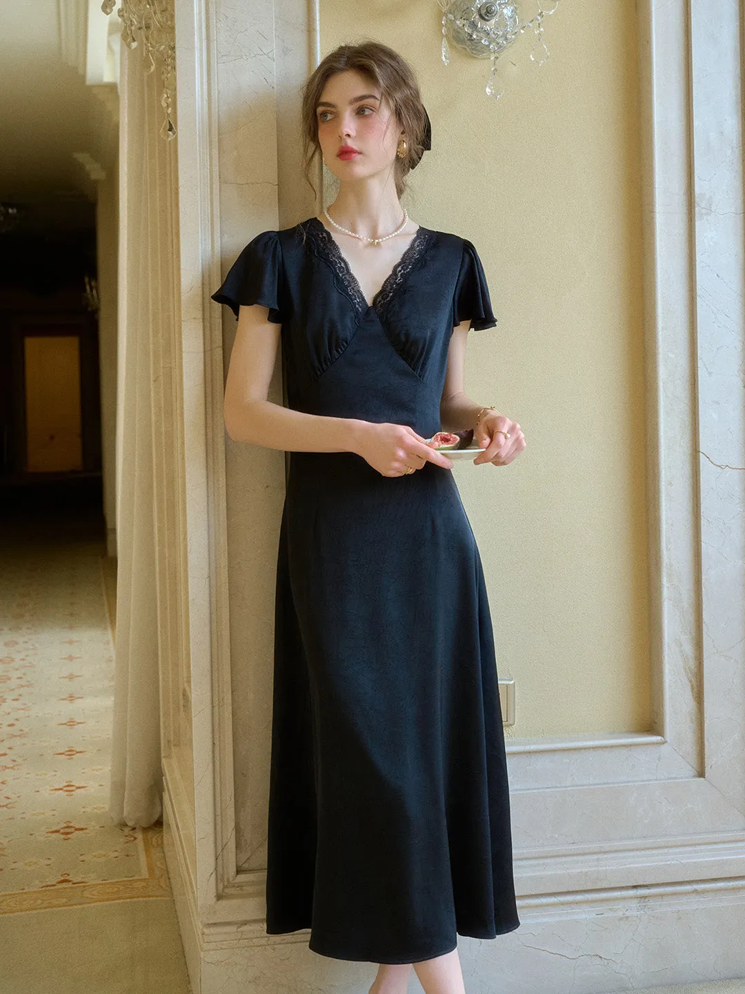 Smart and Chic Midi-Length Noa V-Neck Lace Dress - Black