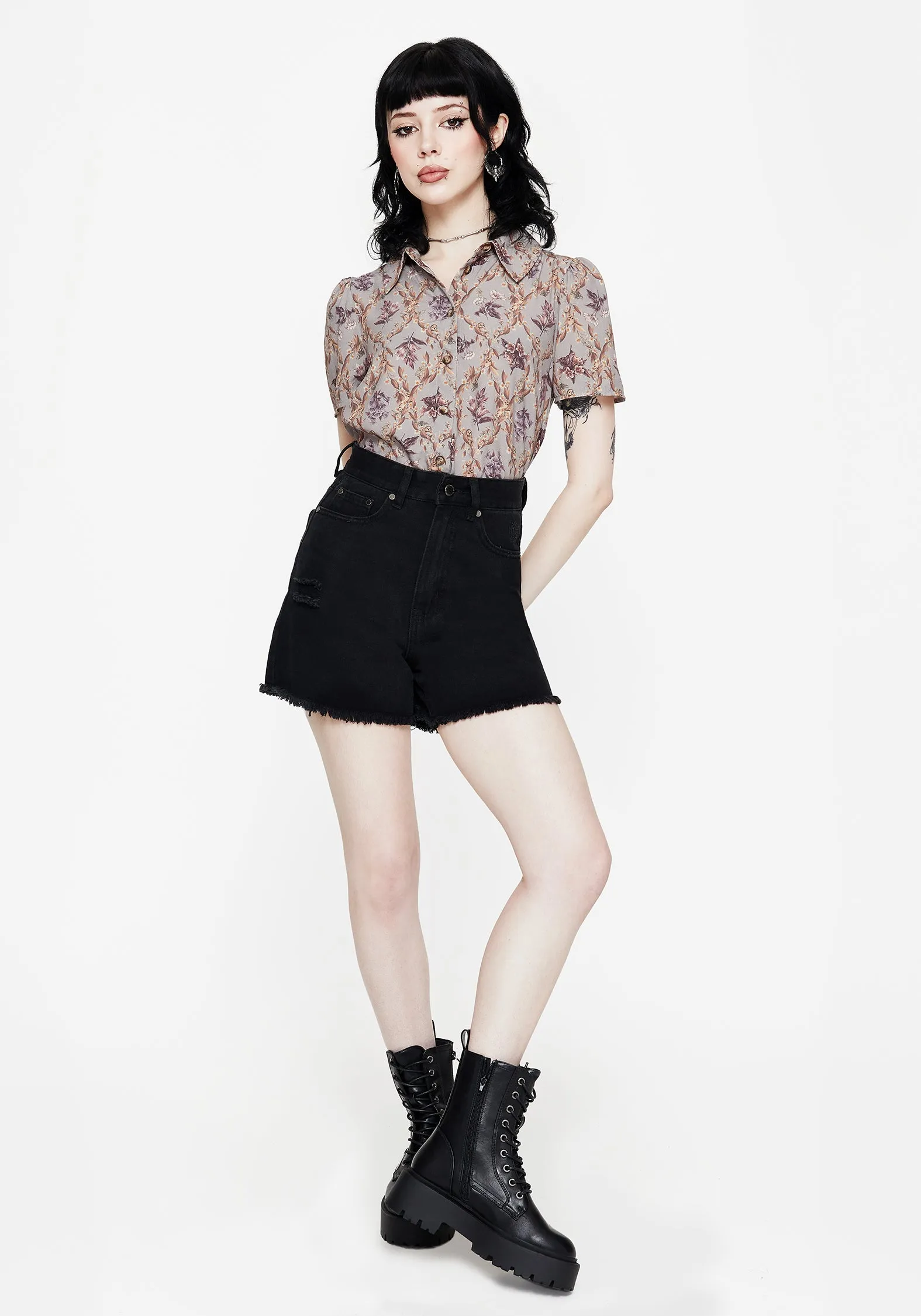 Blossom Floral Tile Printed Cropped Button Up Shirt Breathable mesh