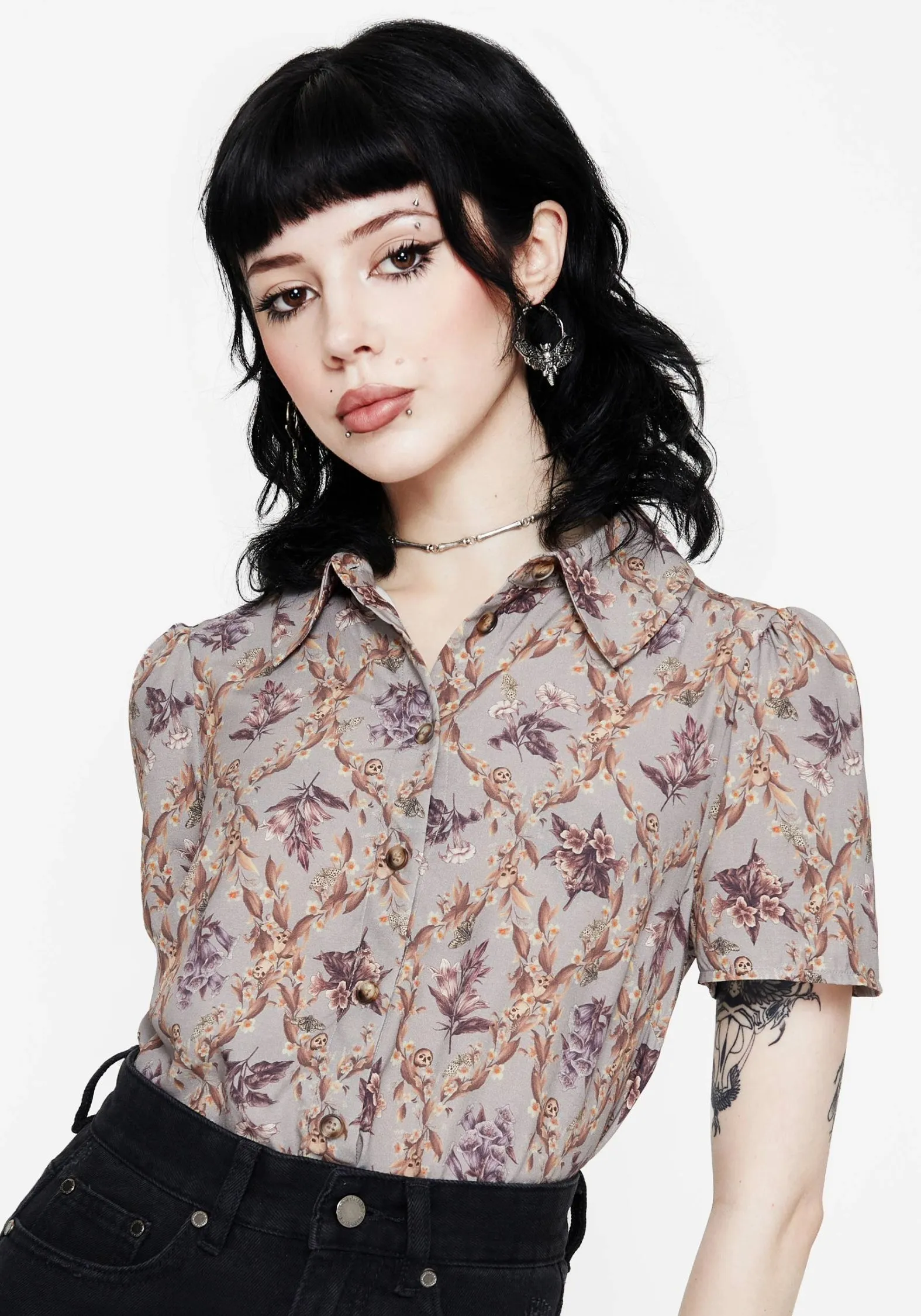 Blossom Floral Tile Printed Cropped Button Up Shirt Striped Pattern