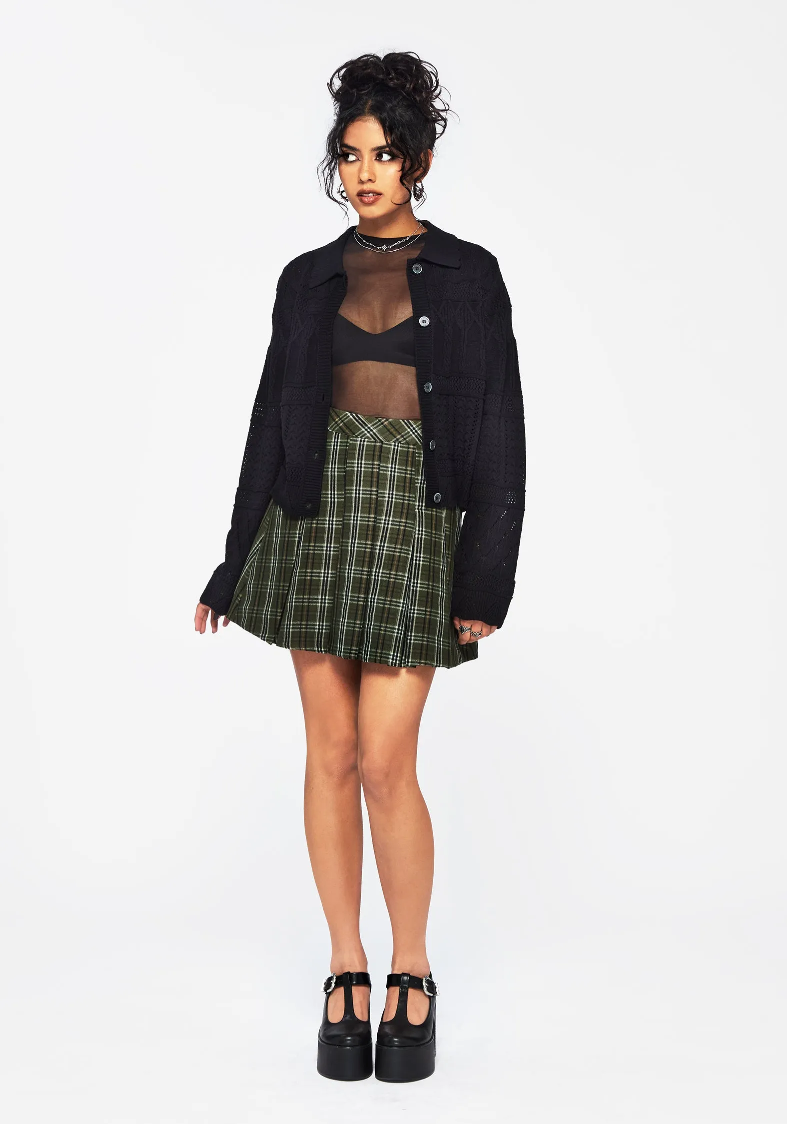 Yewtree Gothic Arch Pointelle Button Down Knit Cardigan Interlock Knit Body Loopwheel Construction