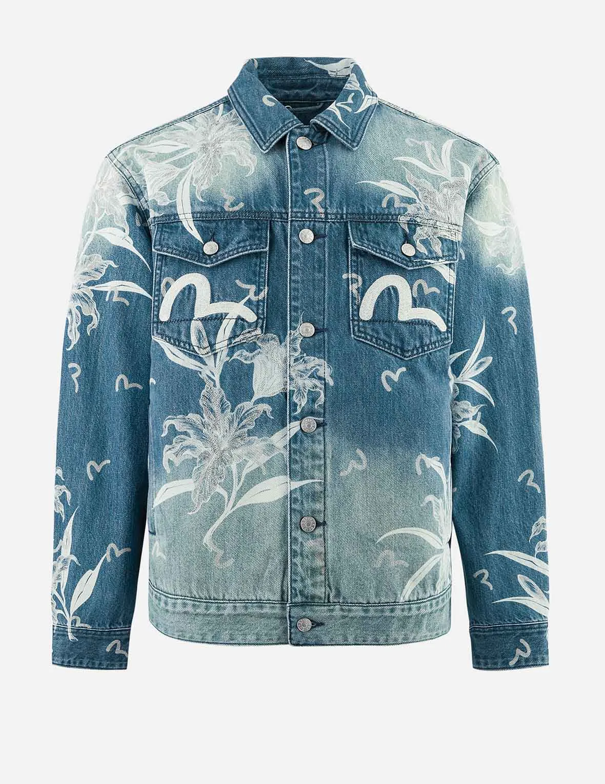 Flexible Ribbing Floral and Seagull Embroidery Relax Fit Denim Jacket
