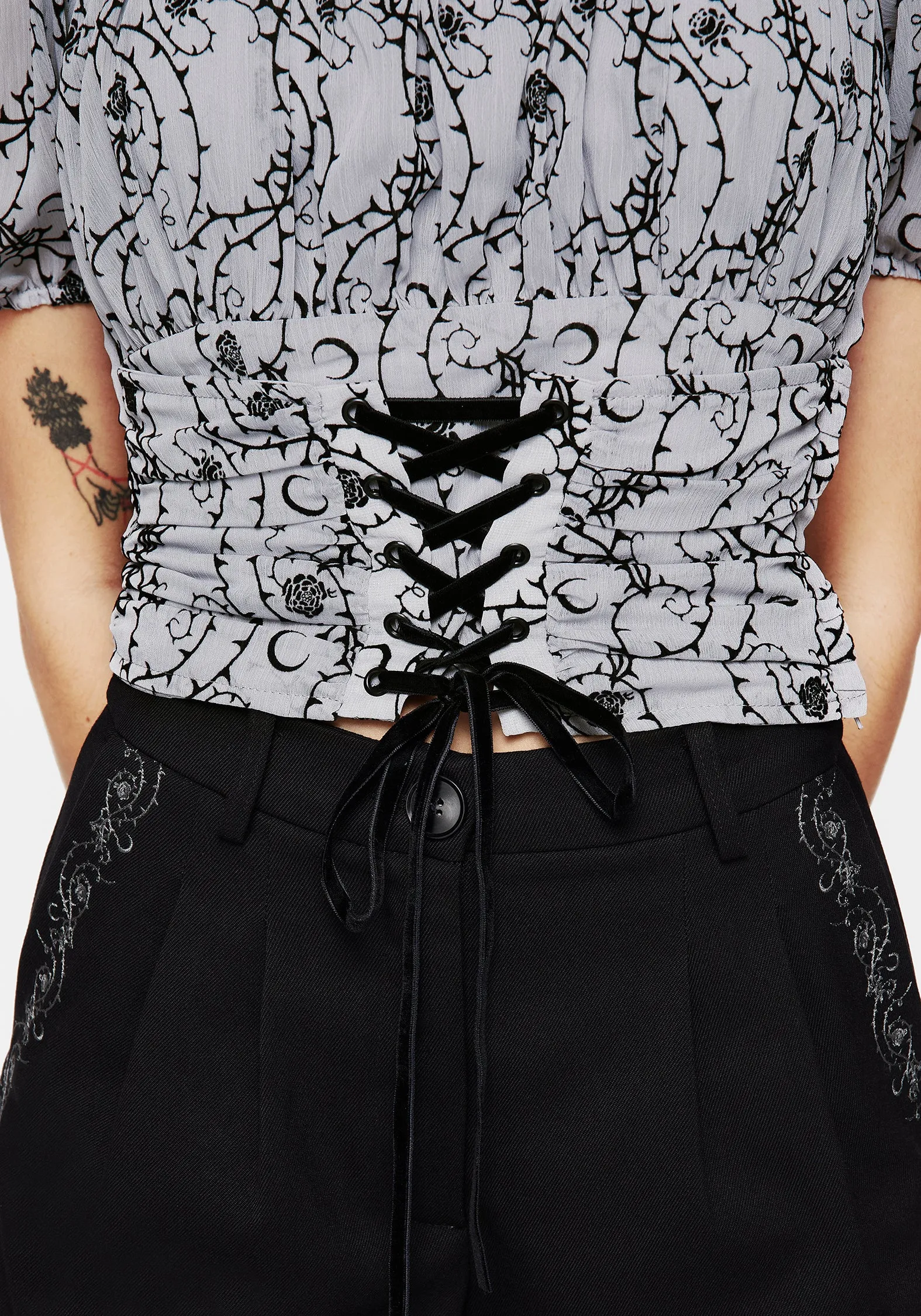 Rosethorn Flocked Velour Chiffon Corset Crop Top - Blue ReinforcedStitching