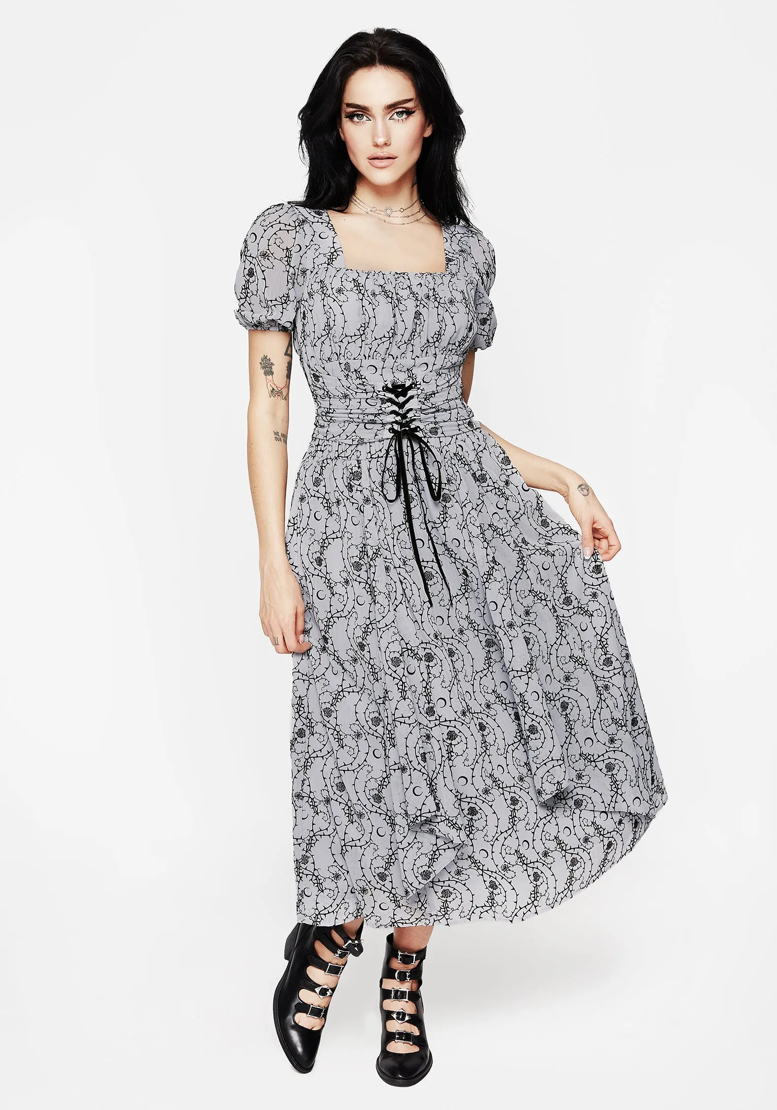 Rosethorn Flocked Velour Chiffon Corset Crop Top - Blue Biodegradable material Antimicrobial Treatment