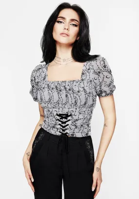 Rosethorn Flocked Velour Chiffon Corset Crop Top - Blue No Iron Fabric