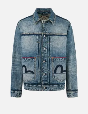 Washed Seagull Appliqu?? Embroidery Relax Fit Denim Jacket TaglessNecklineComfort