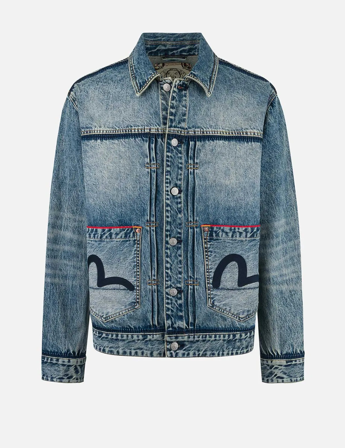Washed Seagull Appliqu?? Embroidery Relax Fit Denim Jacket TaglessNecklineComfort