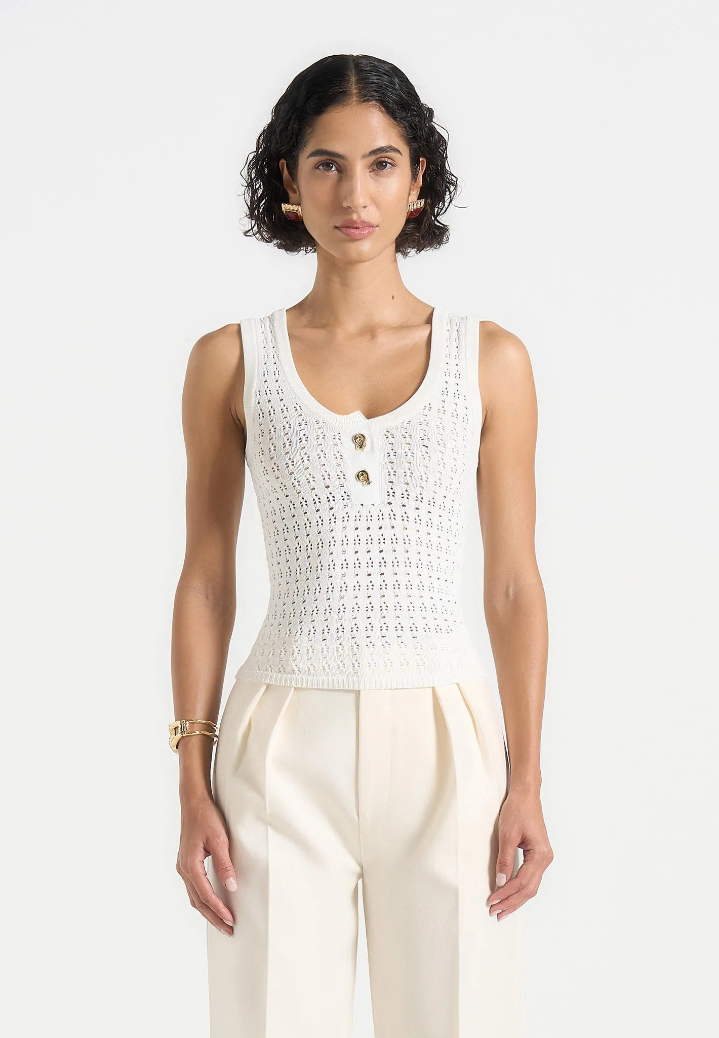 Nora - Pointelle Knitted Vest with Knot Button - Cream Sleek Layer