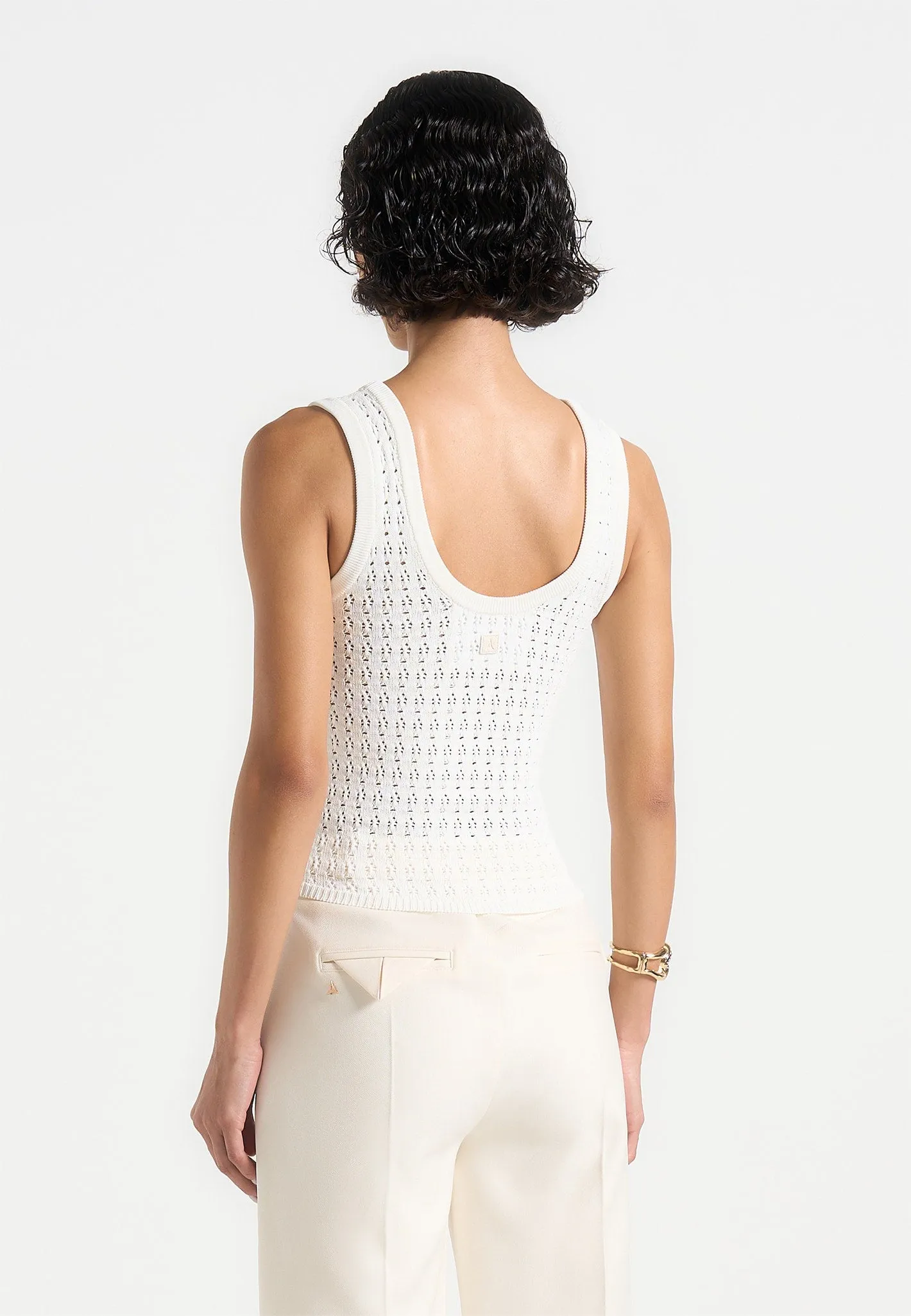 Nora - Pointelle Knitted Vest with Knot Button - Cream Bright Color