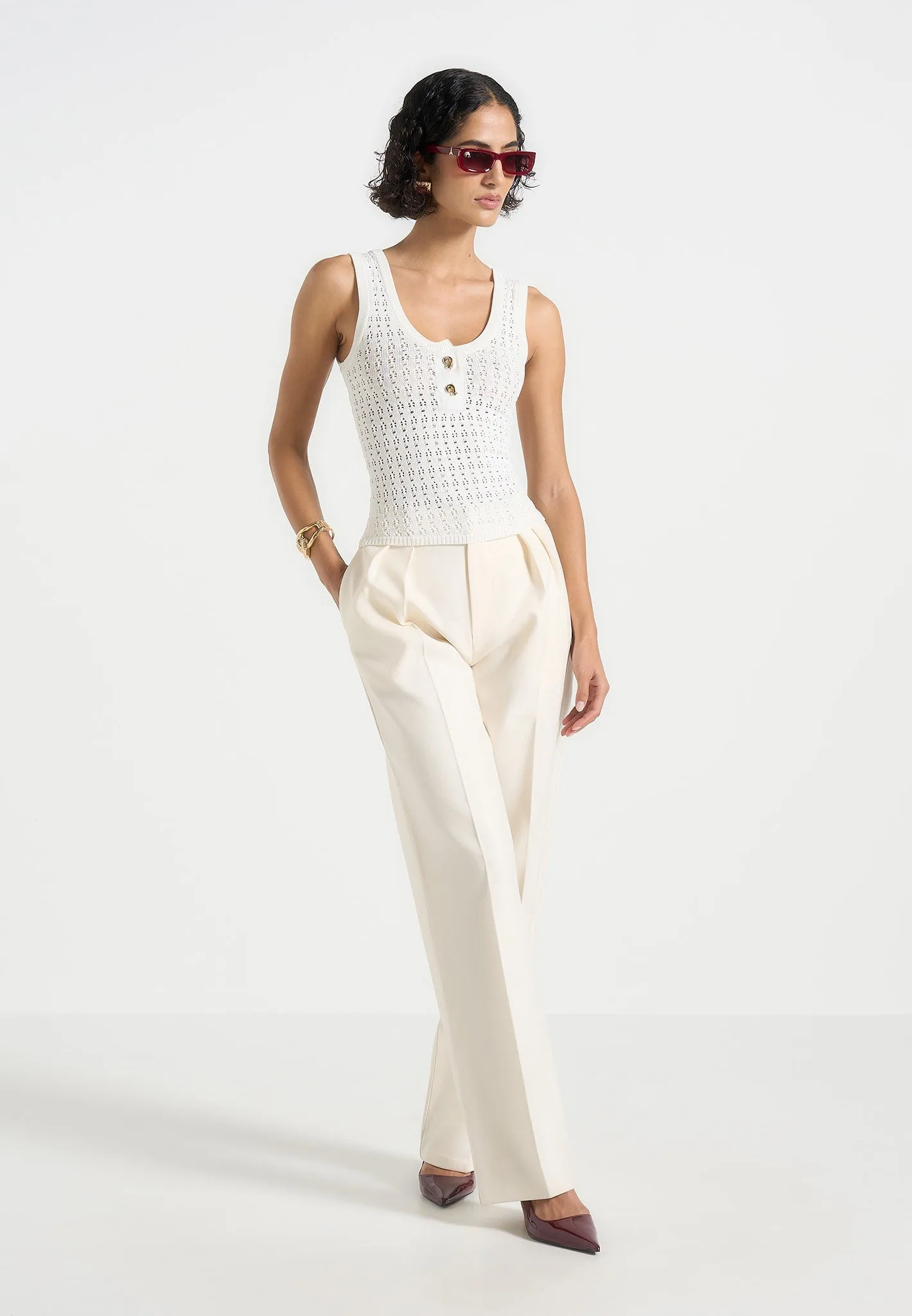 Thermal Regulating Layer Unisex Core Nora - Pointelle Knitted Vest with Knot Button - Cream