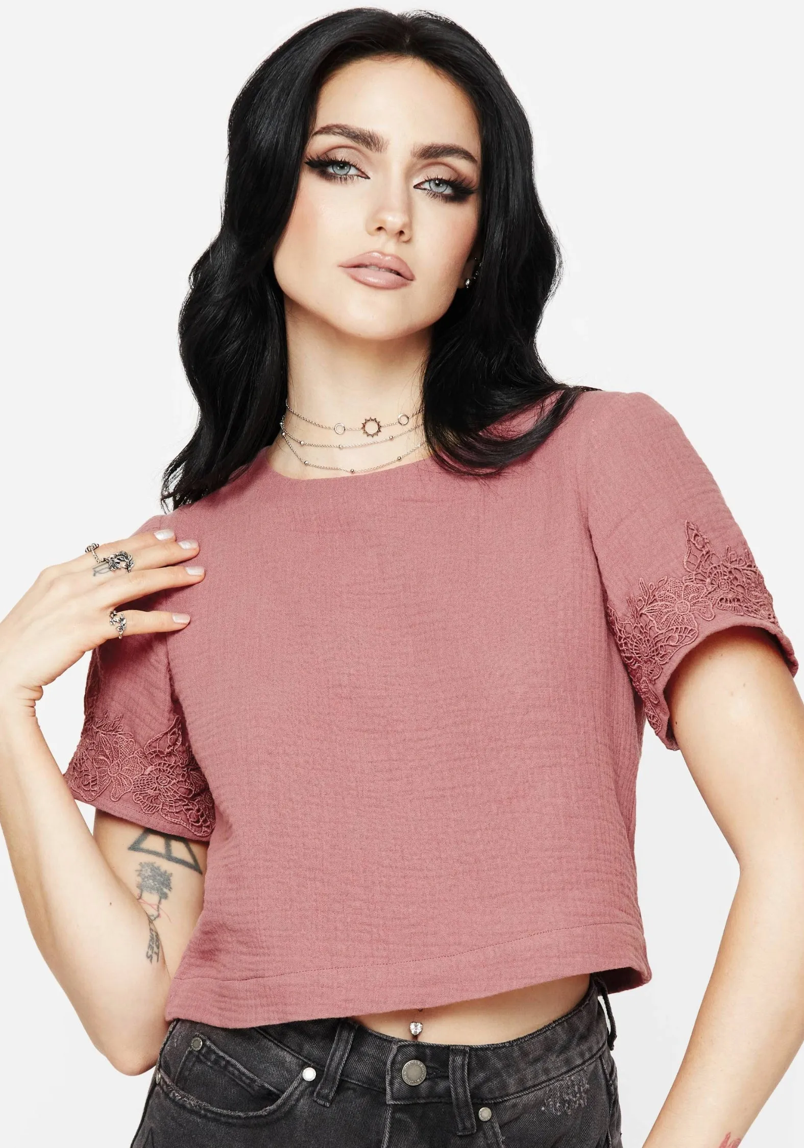 Rosamoth Applique Trim Cotton Short Sleeve Top WideNeckline Adjustable Hemline