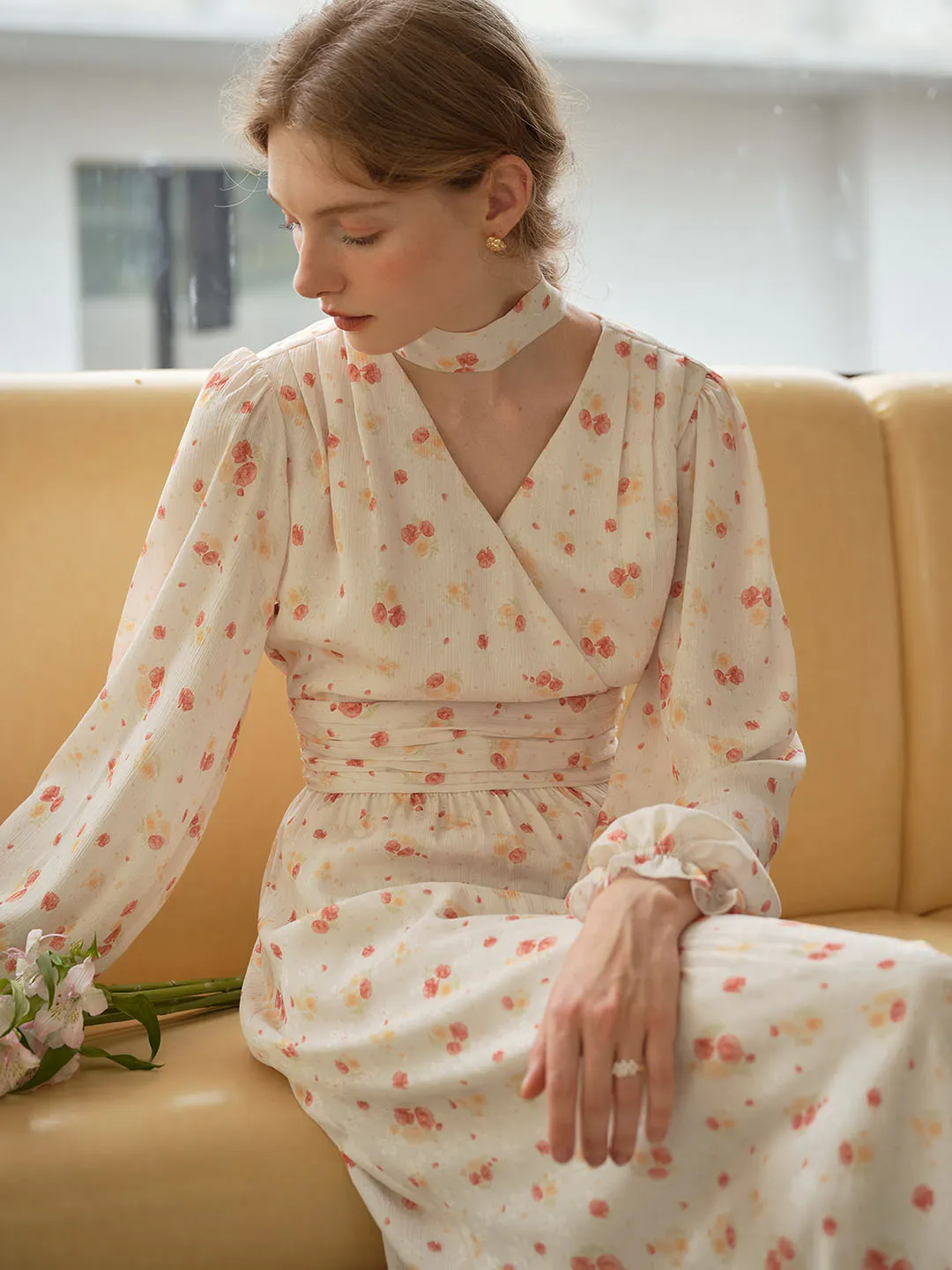 Balloon-Sleeve Nyomi Sweet V Neck Floral Print Lace Sleeve Dress