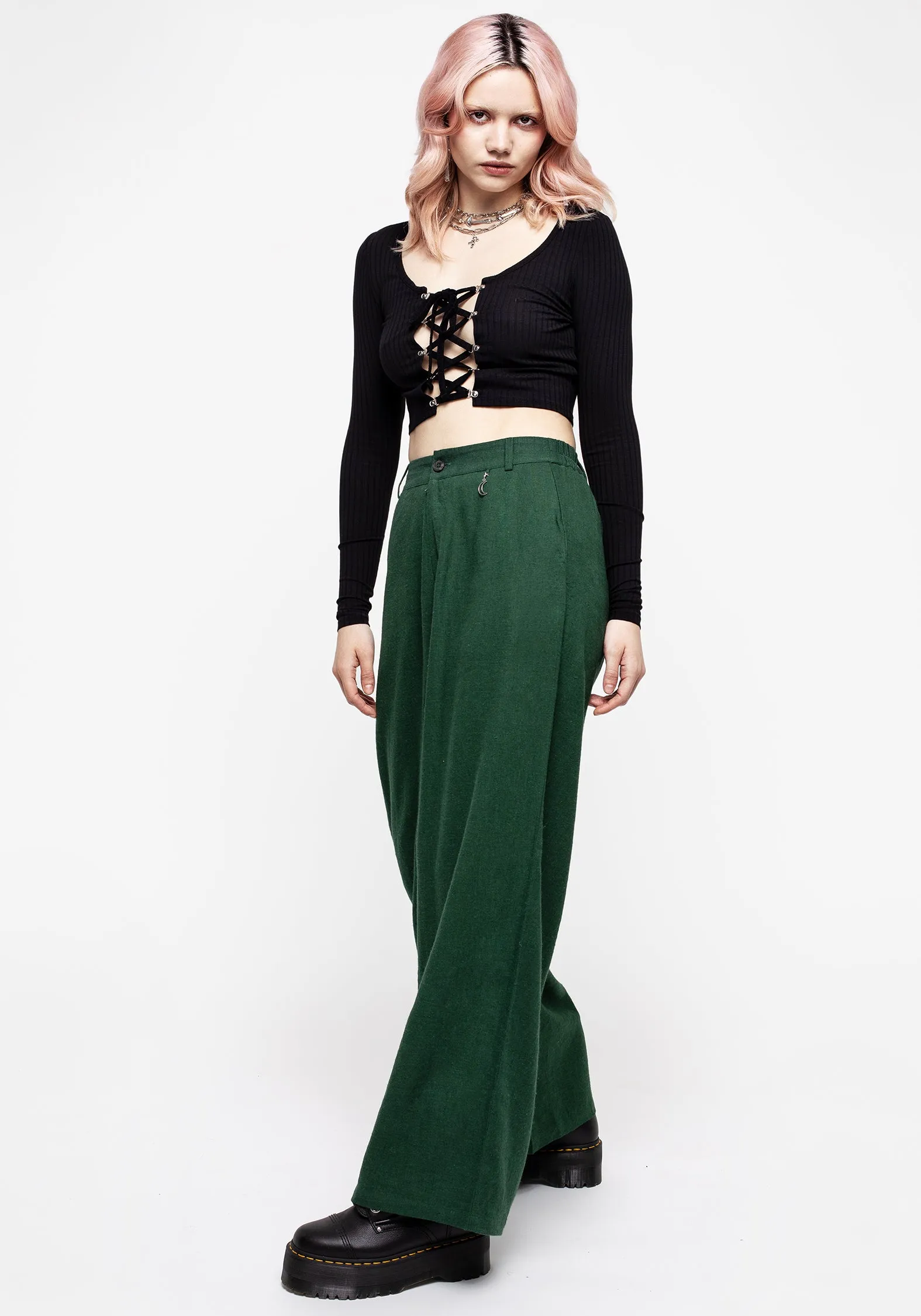 Oberon Green Wide Leg Linen Blend Trousers Tear Resistant Material