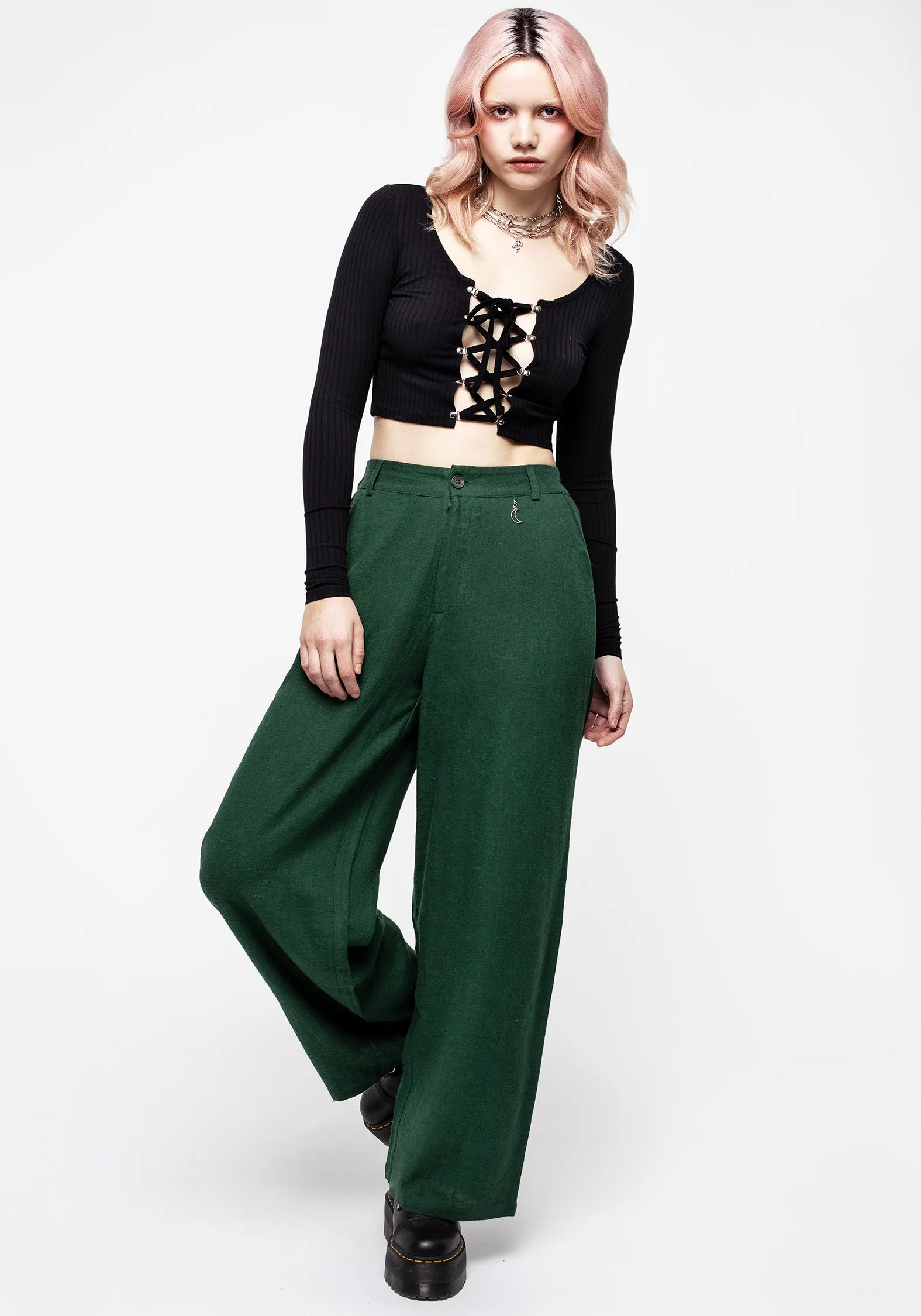 Department Store Style Oberon Green Wide Leg Linen Blend Trousers