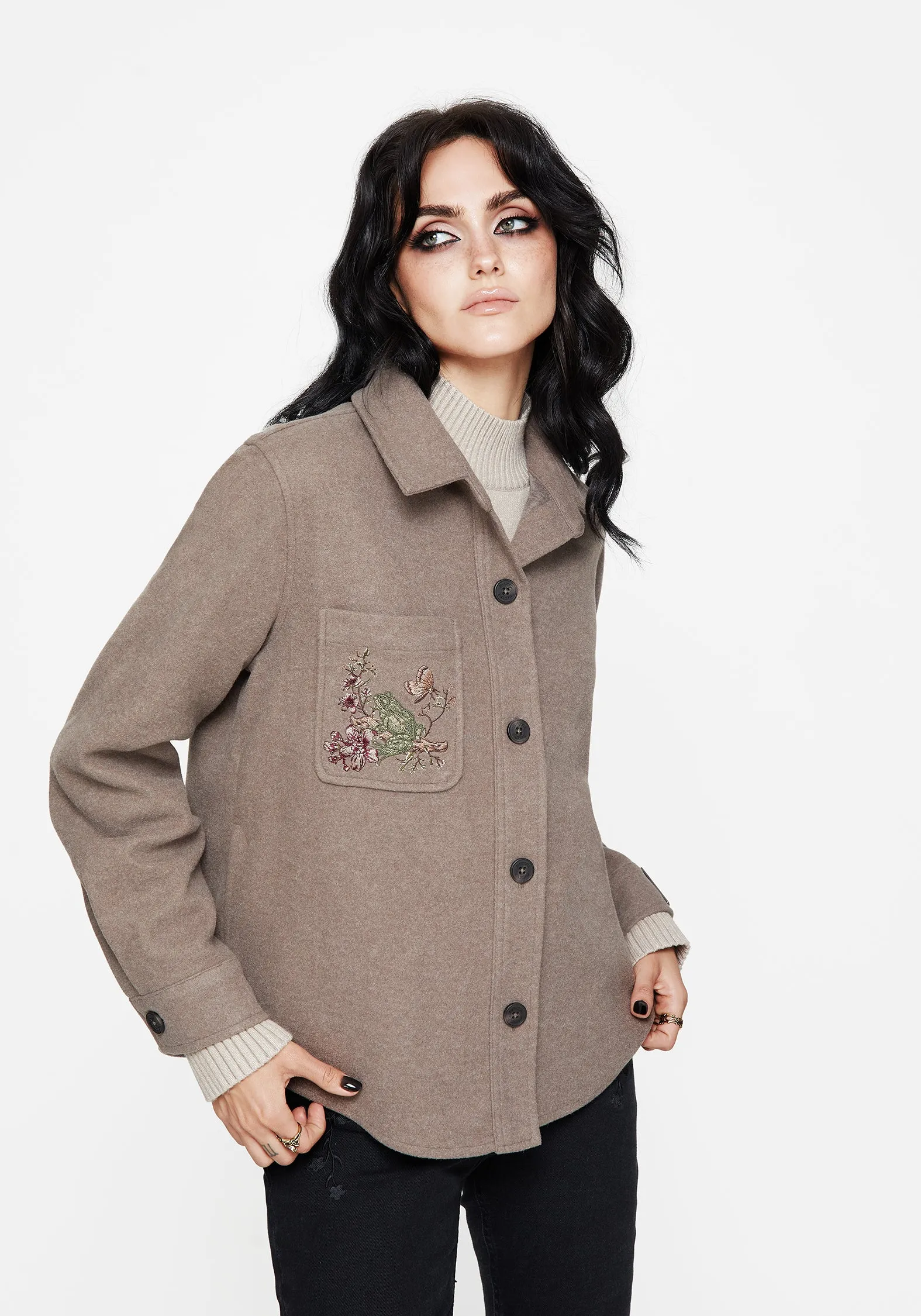 Cordelia Floral Frog Embroidered Pocket Front Shacket ThermalInsulation