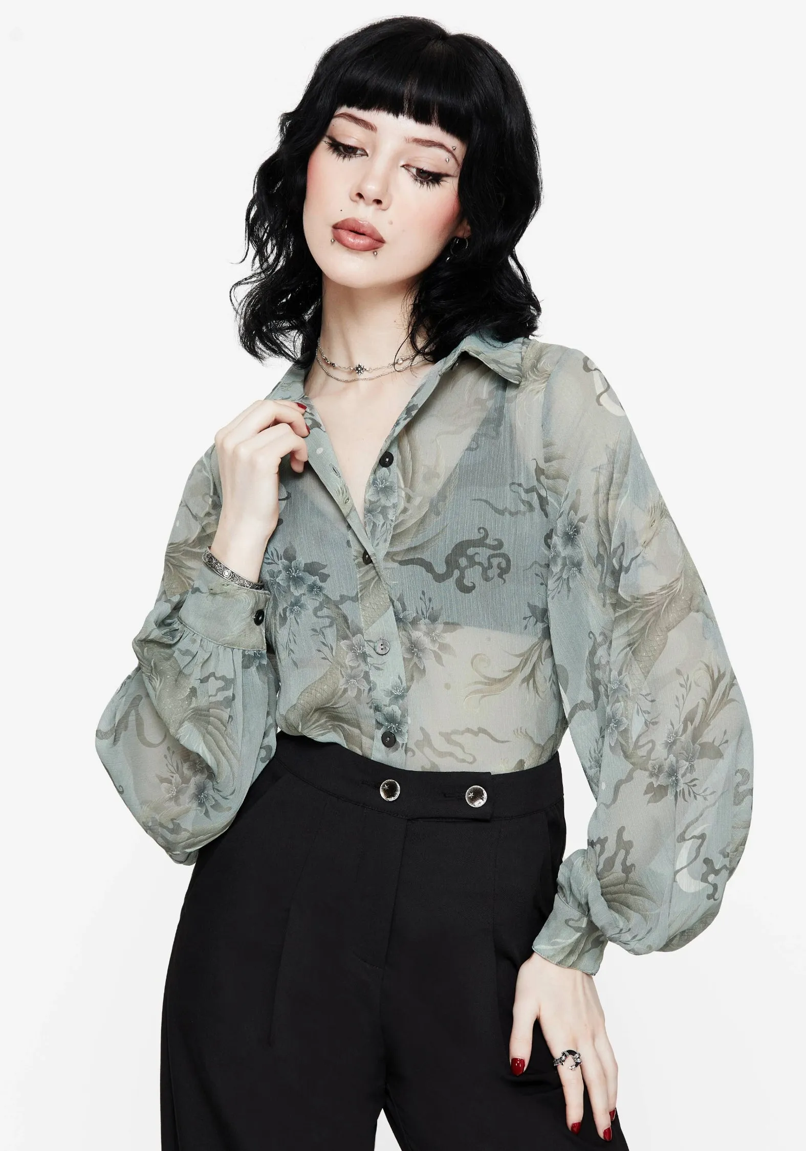 Sapphira Dragon Print Button Up Shirt Flexible Knit Fabric DoubleLayered Collar