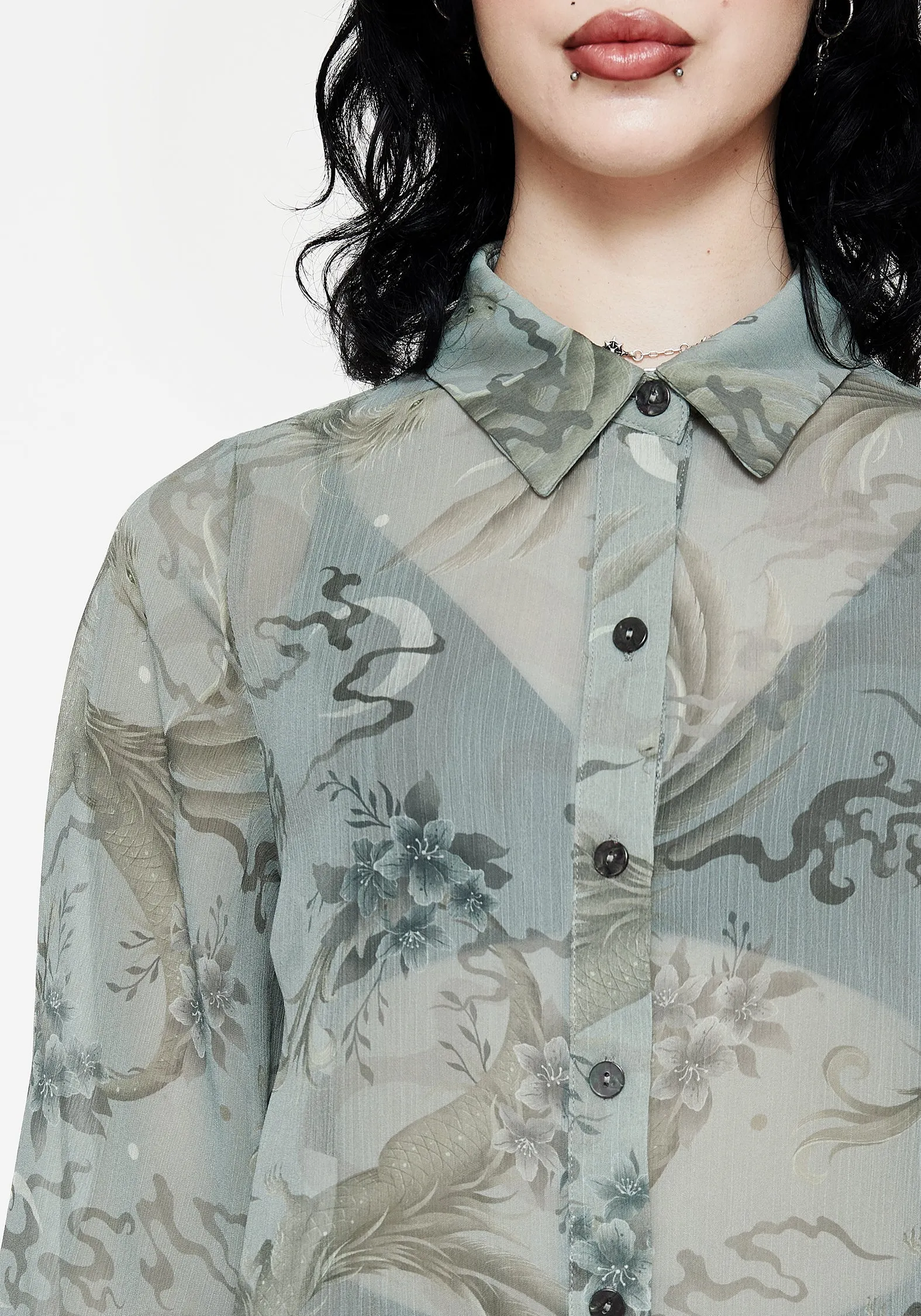 Chic Design Tailored Cuffs Sapphira Dragon Print Button Up Shirt