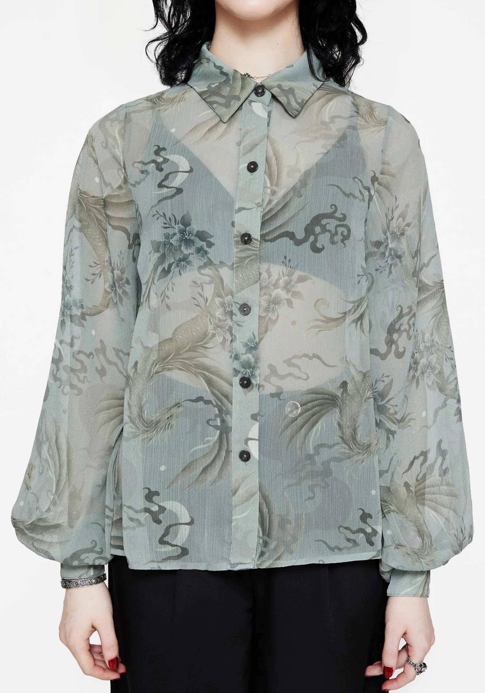 Sapphira Dragon Print Button Up Shirt Mesh Panel Details AthleisureInspired