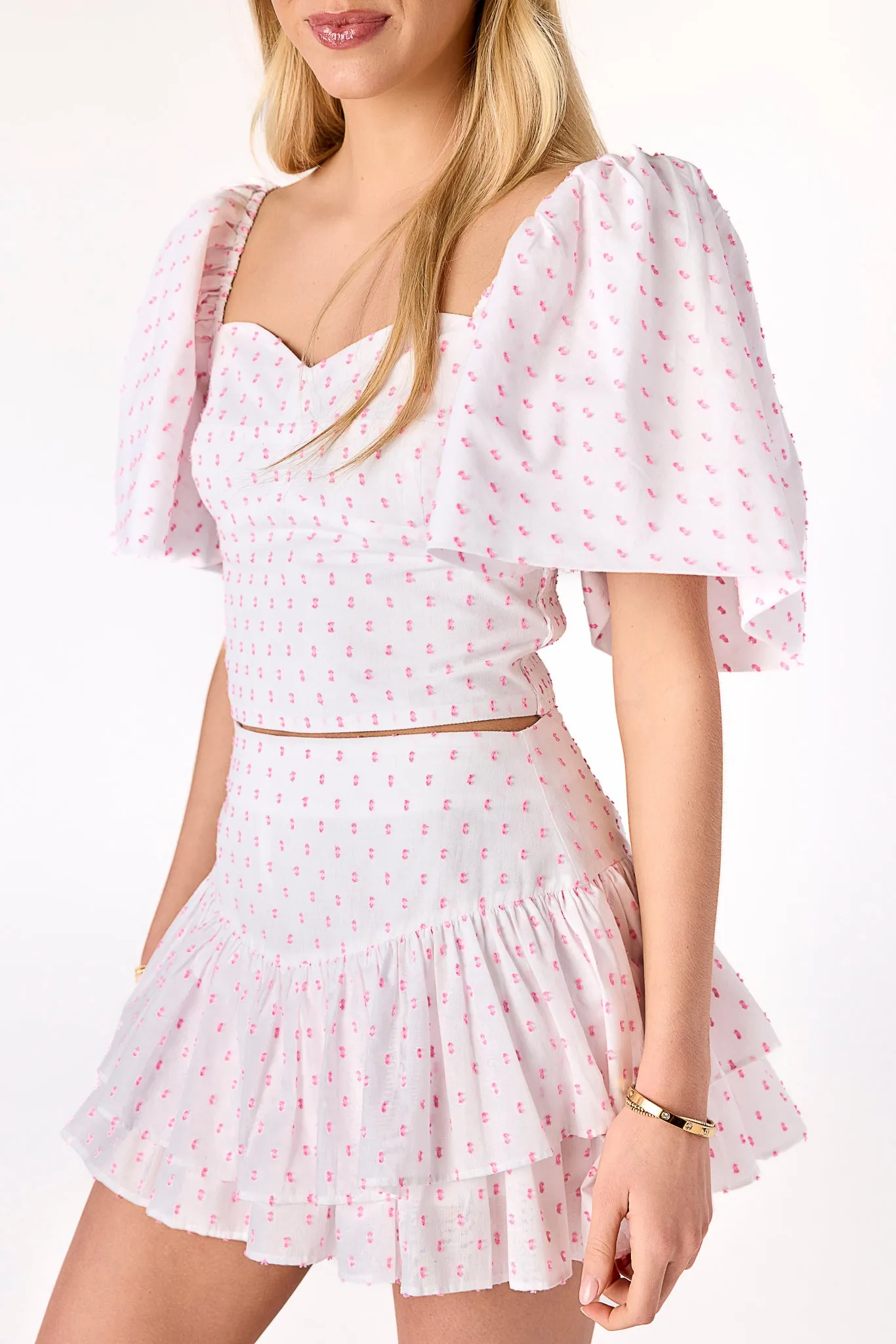 Stretch Waistband Design FourWayStretchFabric Grayton Top Swiss Dot Pink