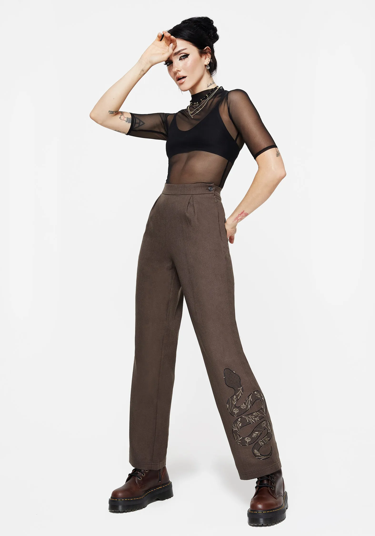 Gaia Linen Blend Snake Embroidered Wide Leg Trouser Luxury Finish