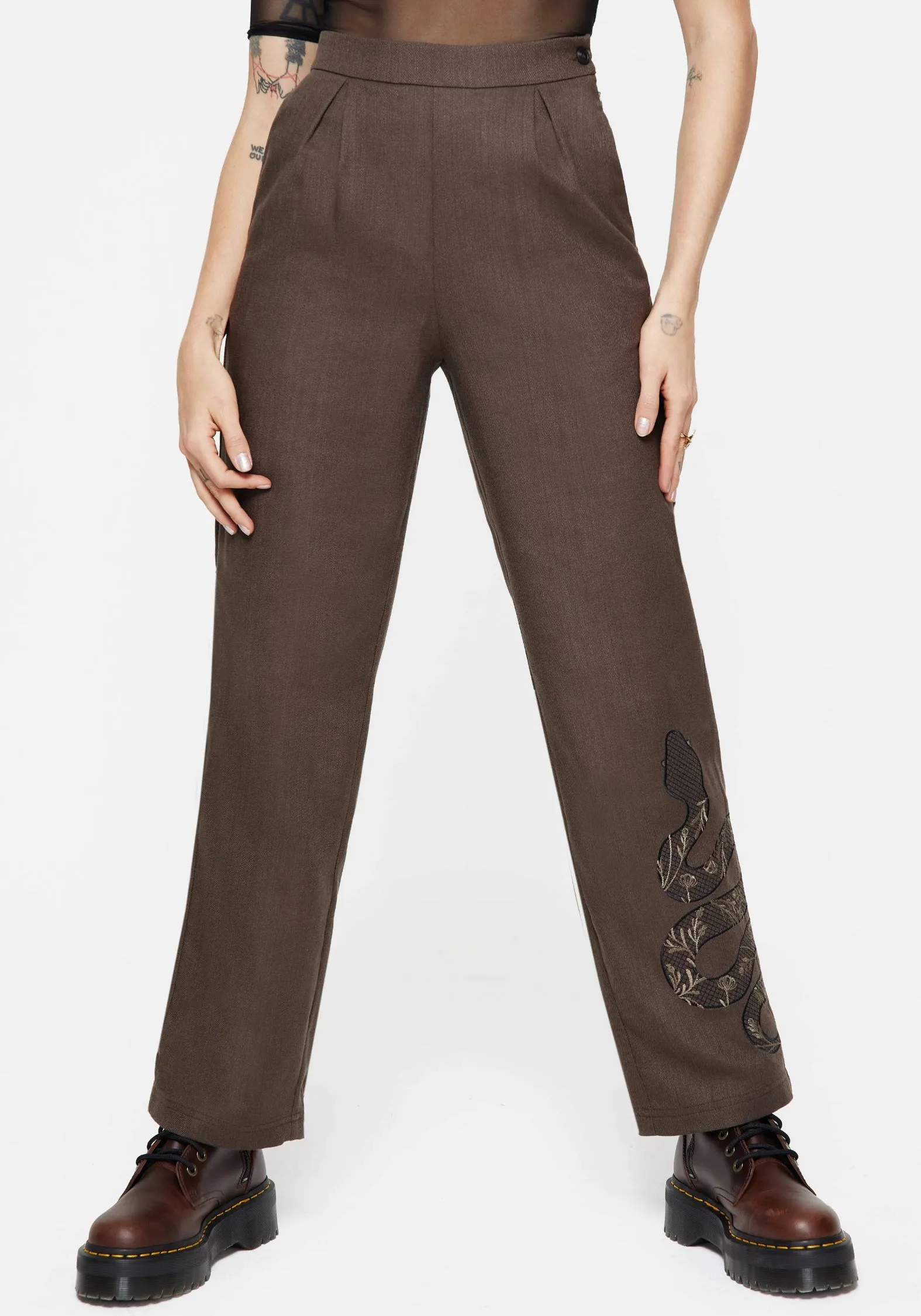 Cool Tone Embroidered Detail Gaia Linen Blend Snake Embroidered Wide Leg Trouser