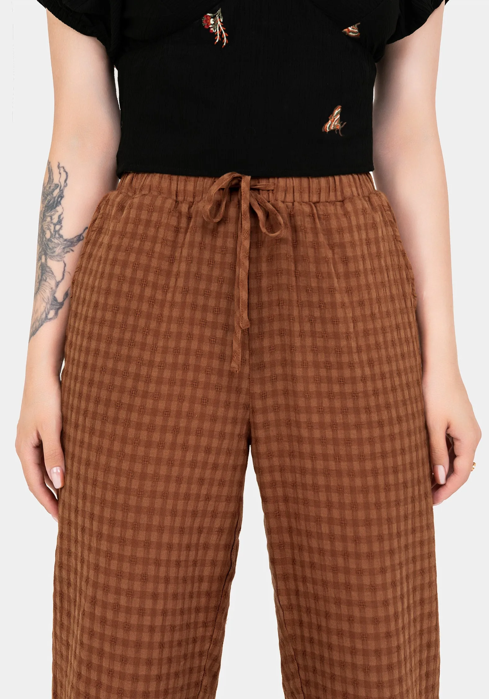 Soleil Cotton-Blend Check Tapered Trouser High Street Fashion