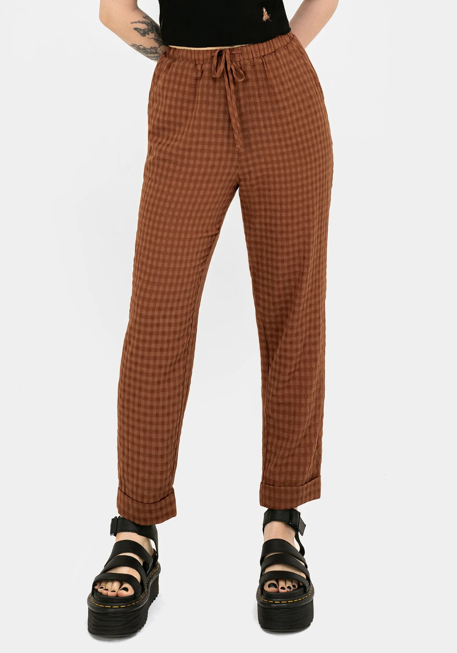 Chic Mood Draped Design Soleil Cotton-Blend Check Tapered Trouser