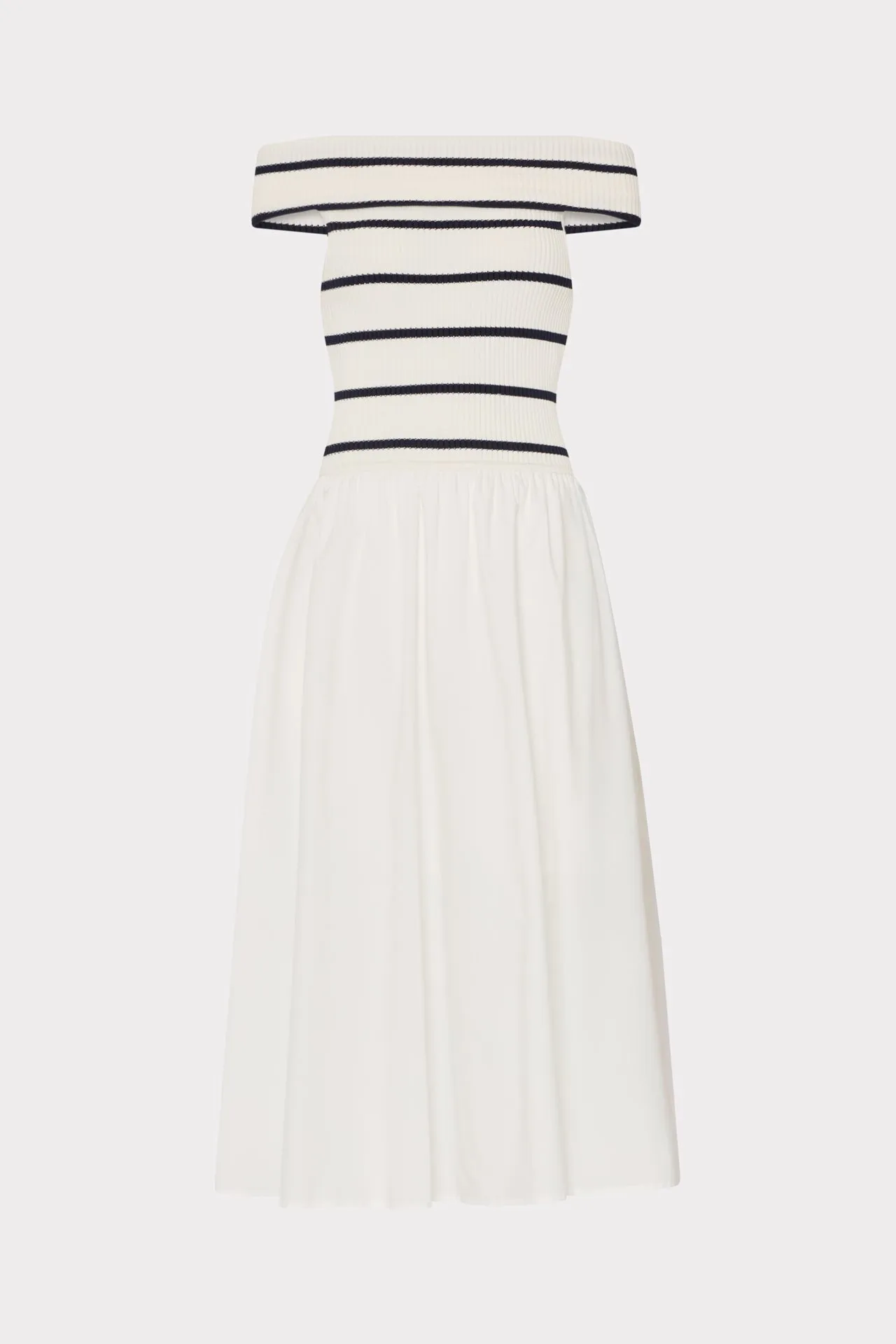 Off The Shoulder Stripe Knit Poplin Midi Dress Casual and Comfy