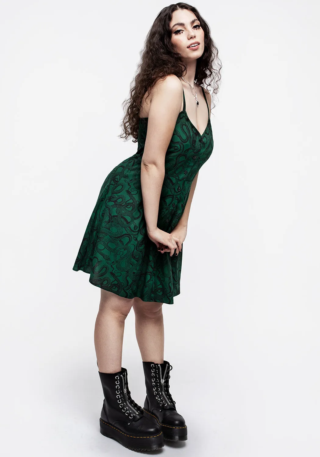 Pastel Sky Front Detail Ophidia Snake Print Button Up Mini Apron Dress - Green