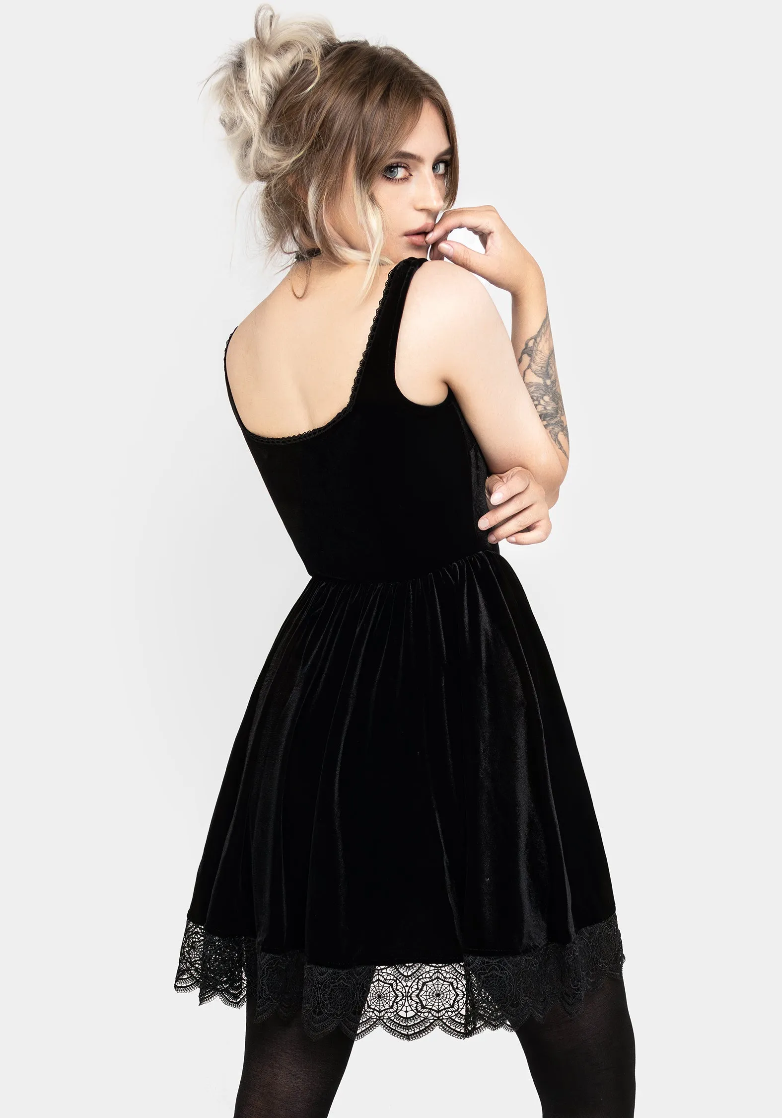 Orbweb Lace Hem Velour Mini Dress Street Flex Trend Appeal