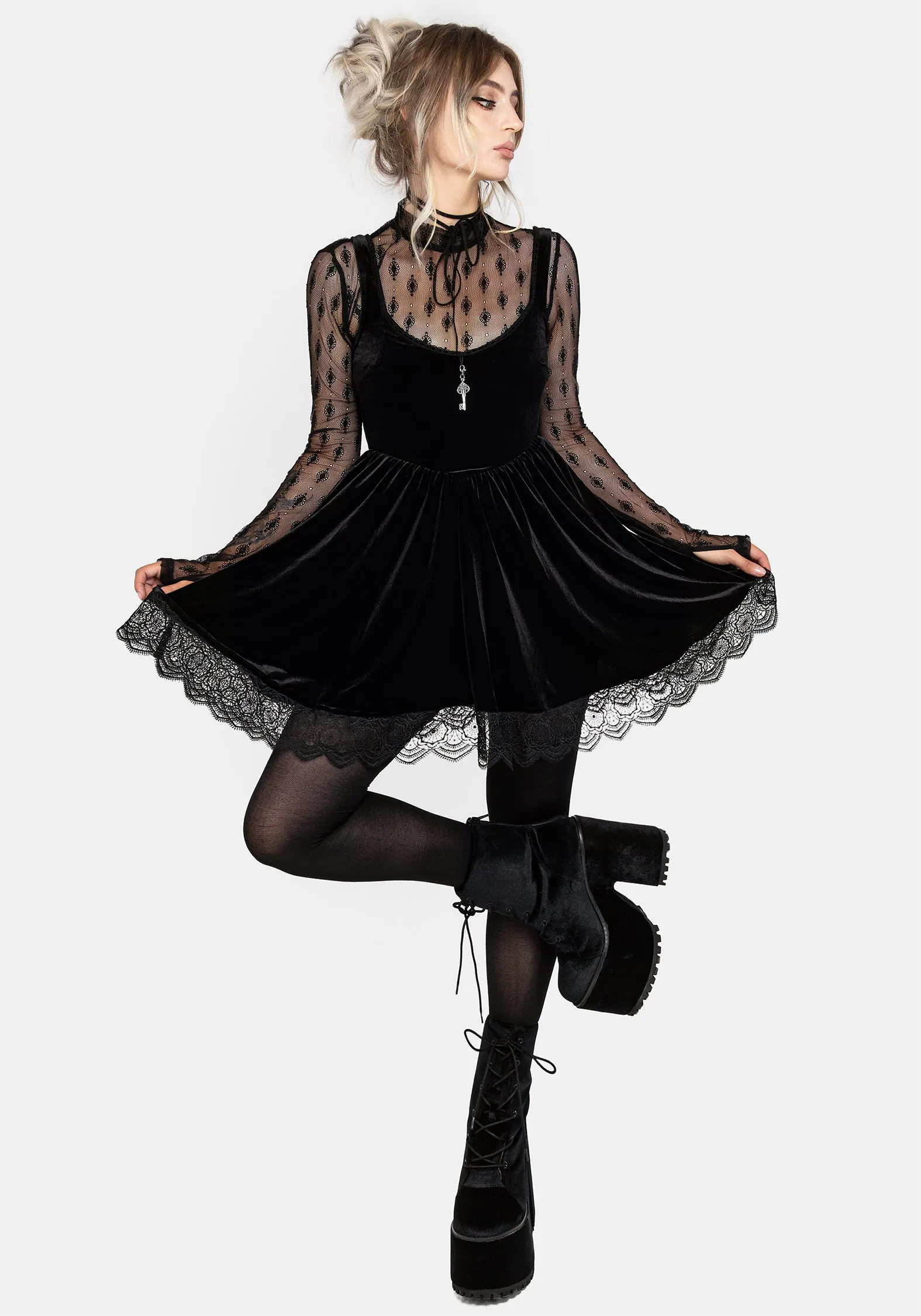 Gender Fluid Orbweb Lace Hem Velour Mini Dress