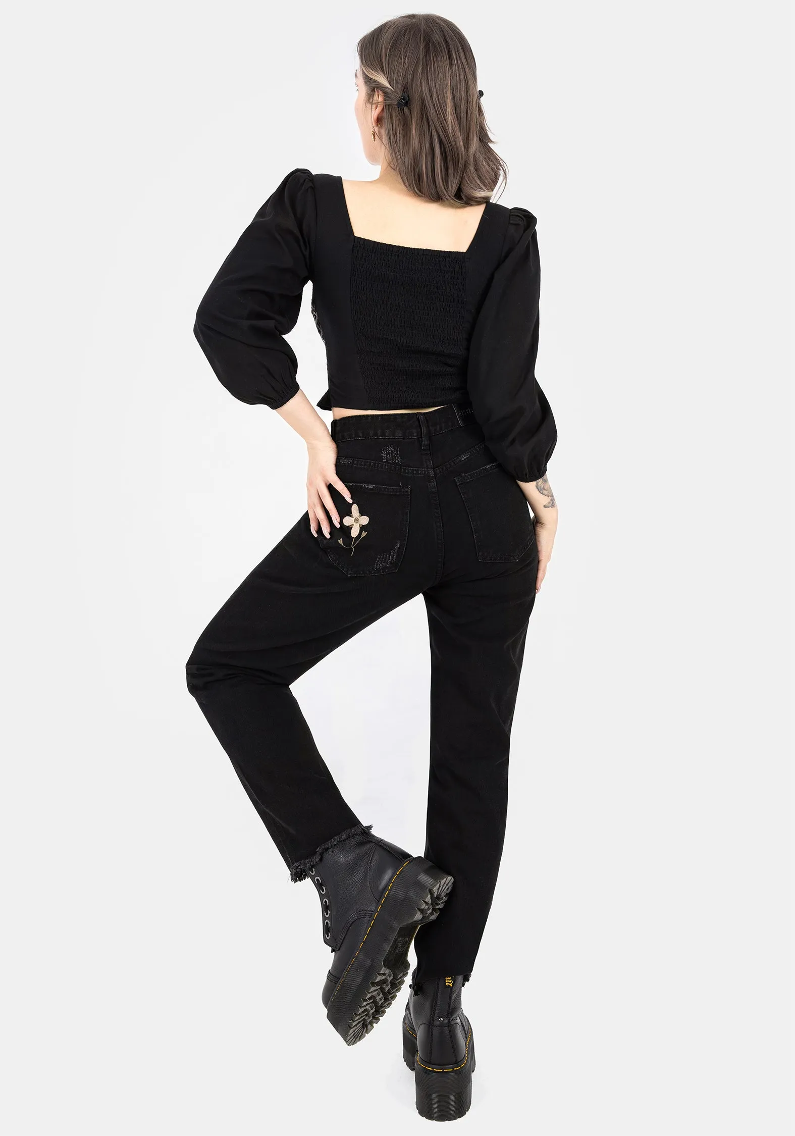 Ribbed Hem Sheer Overlay Material Larissa Hand Embroidered Smocked Puff Sleeve Top