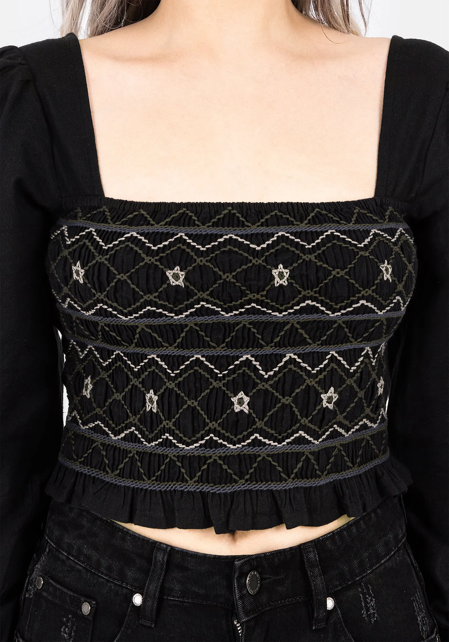 Larissa Hand Embroidered Smocked Puff Sleeve Top Layered Collar System Cozy Layer