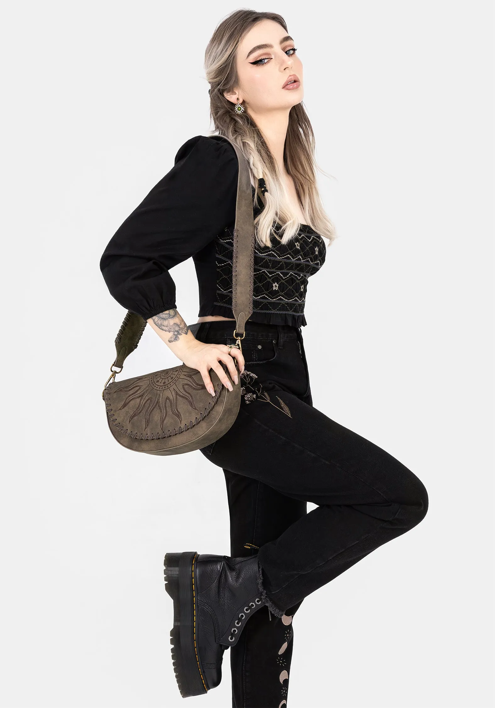 Contrast Stitching WrinkleFree Fabric Larissa Hand Embroidered Smocked Puff Sleeve Top