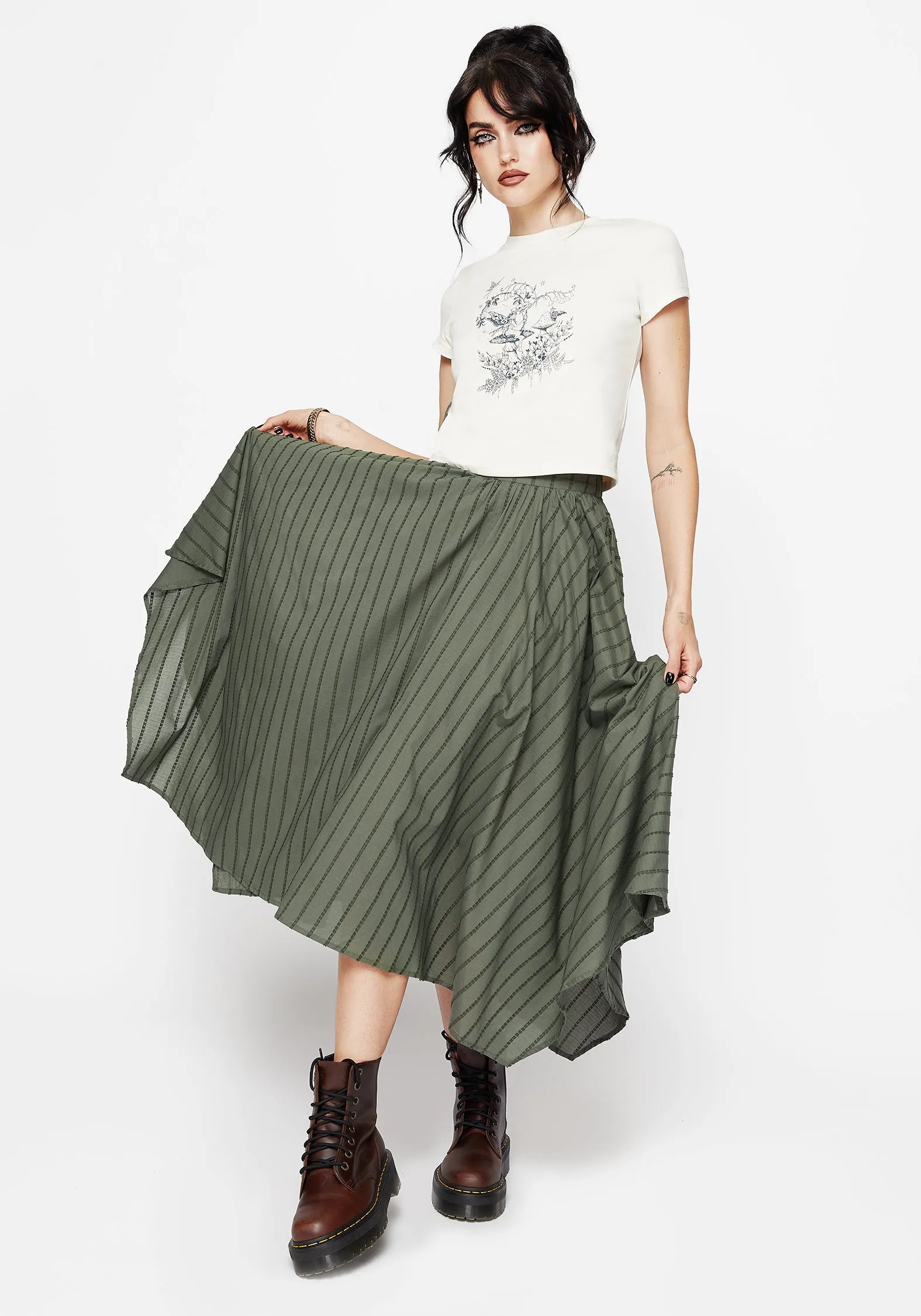 Blythe Cotton Handkerchief Hem Midaxi Skirt - Green Street Style Twill Weave Texture