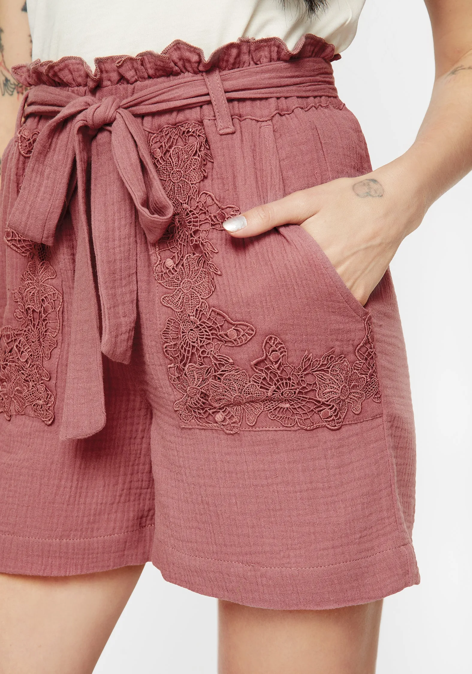 Soft and Cozy Moisture Lock Technology Rosamoth Applique Trim Cotton Tie Waist Shorts