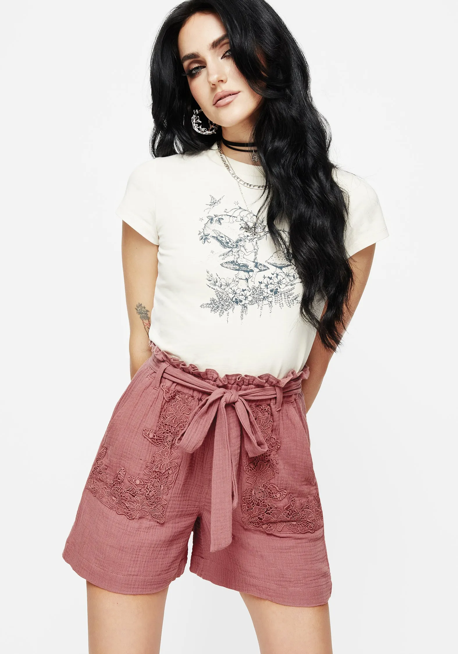 Seamless Edging Pleated Construction Rosamoth Applique Trim Cotton Tie Waist Shorts