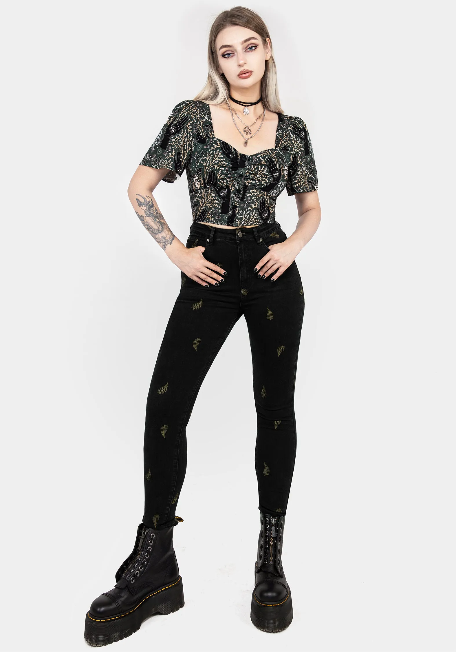 Osmunda Fern Embroidered Denim Skinny Jeans Basic Fashion