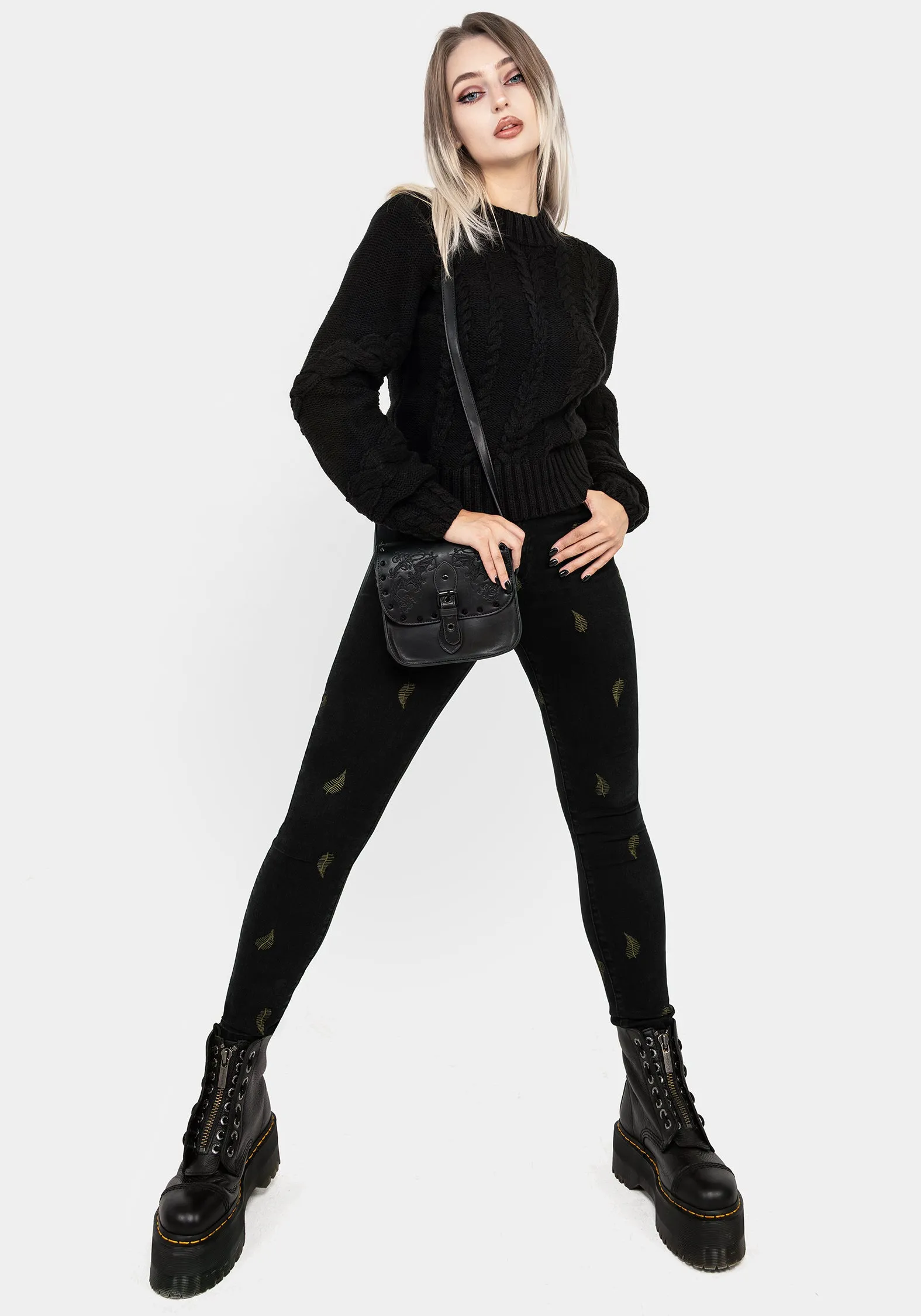 Osmunda Fern Embroidered Denim Skinny Jeans RecycledMaterial Versatile Wearable