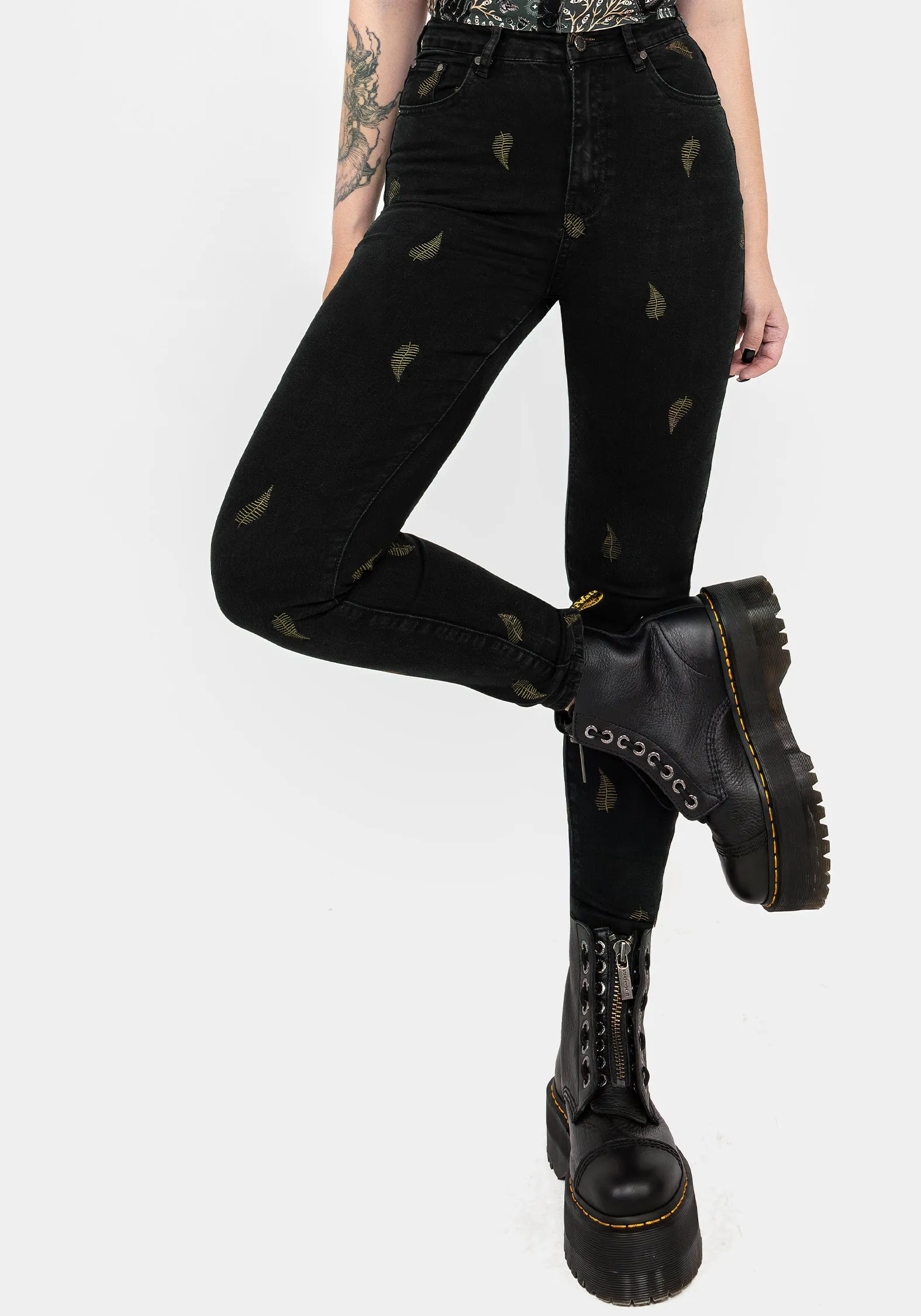 Adjustable drawstring Osmunda Fern Embroidered Denim Skinny Jeans