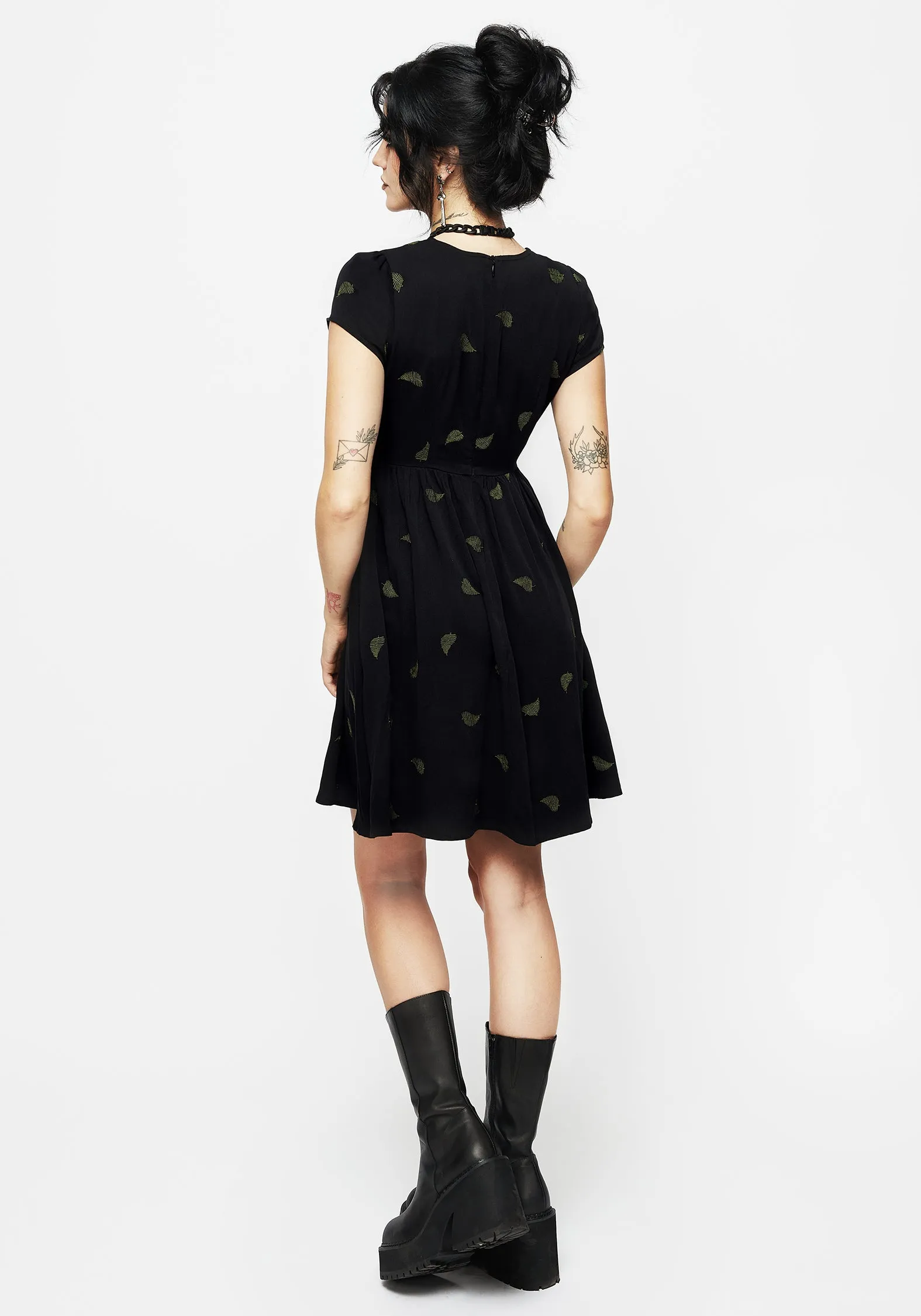 Silky Shine Osmunda Fern Embroidered Mini Skater Dress