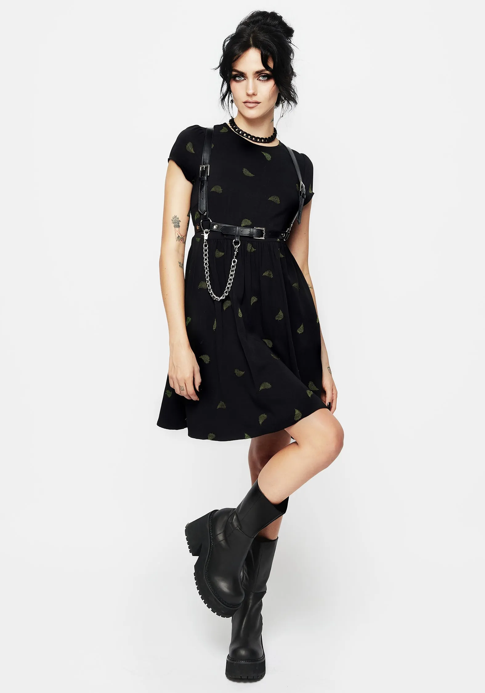 Ombre-Effect Osmunda Fern Embroidered Mini Skater Dress