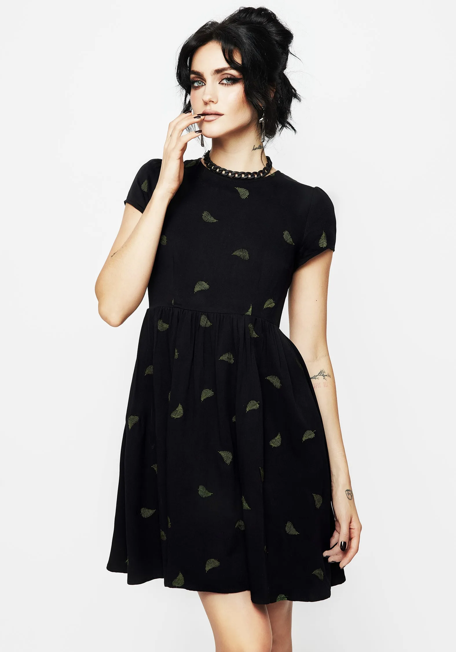 Timeless Chic Osmunda Fern Embroidered Mini Skater Dress