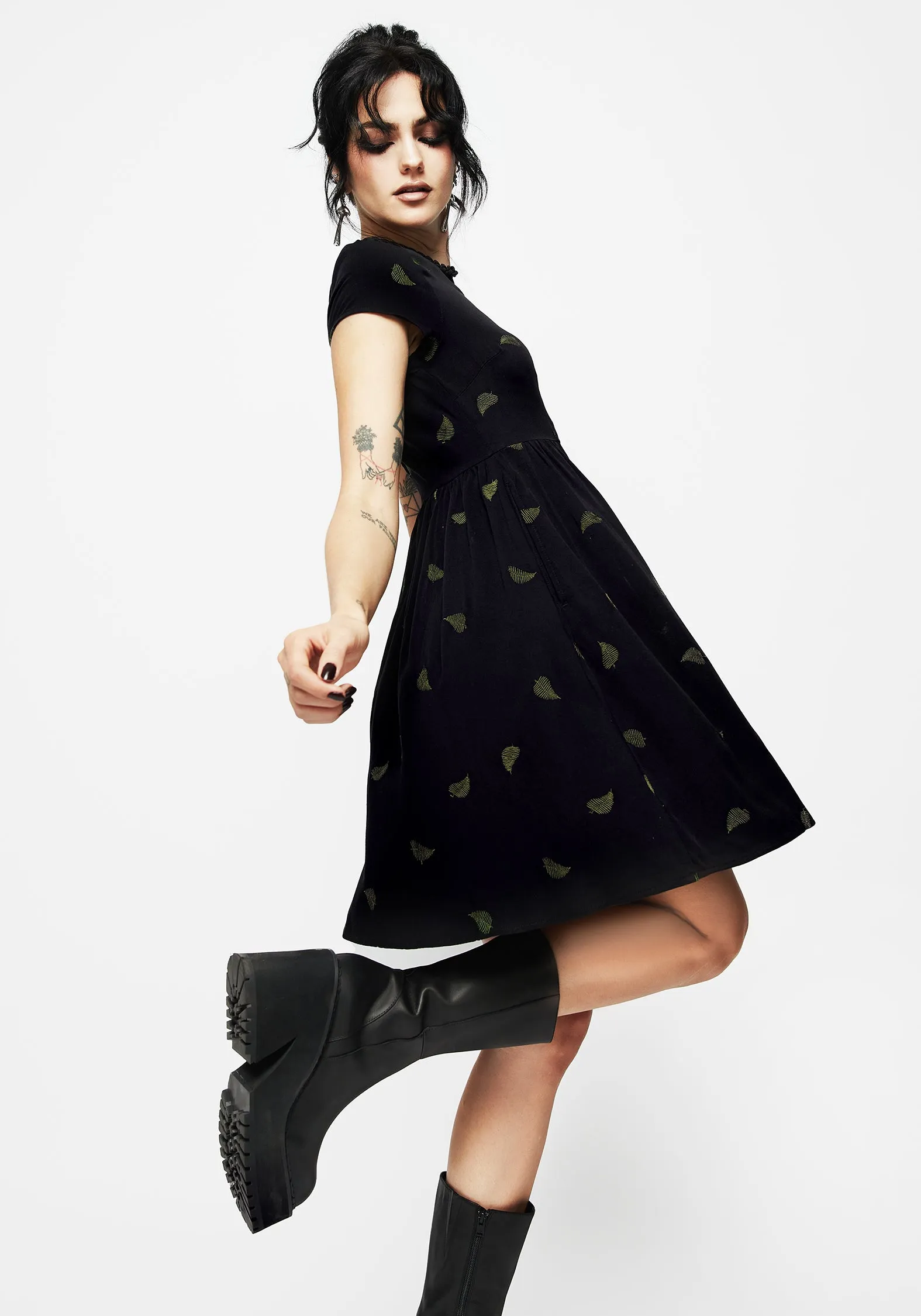 Elastic-Cuff Osmunda Fern Embroidered Mini Skater Dress
