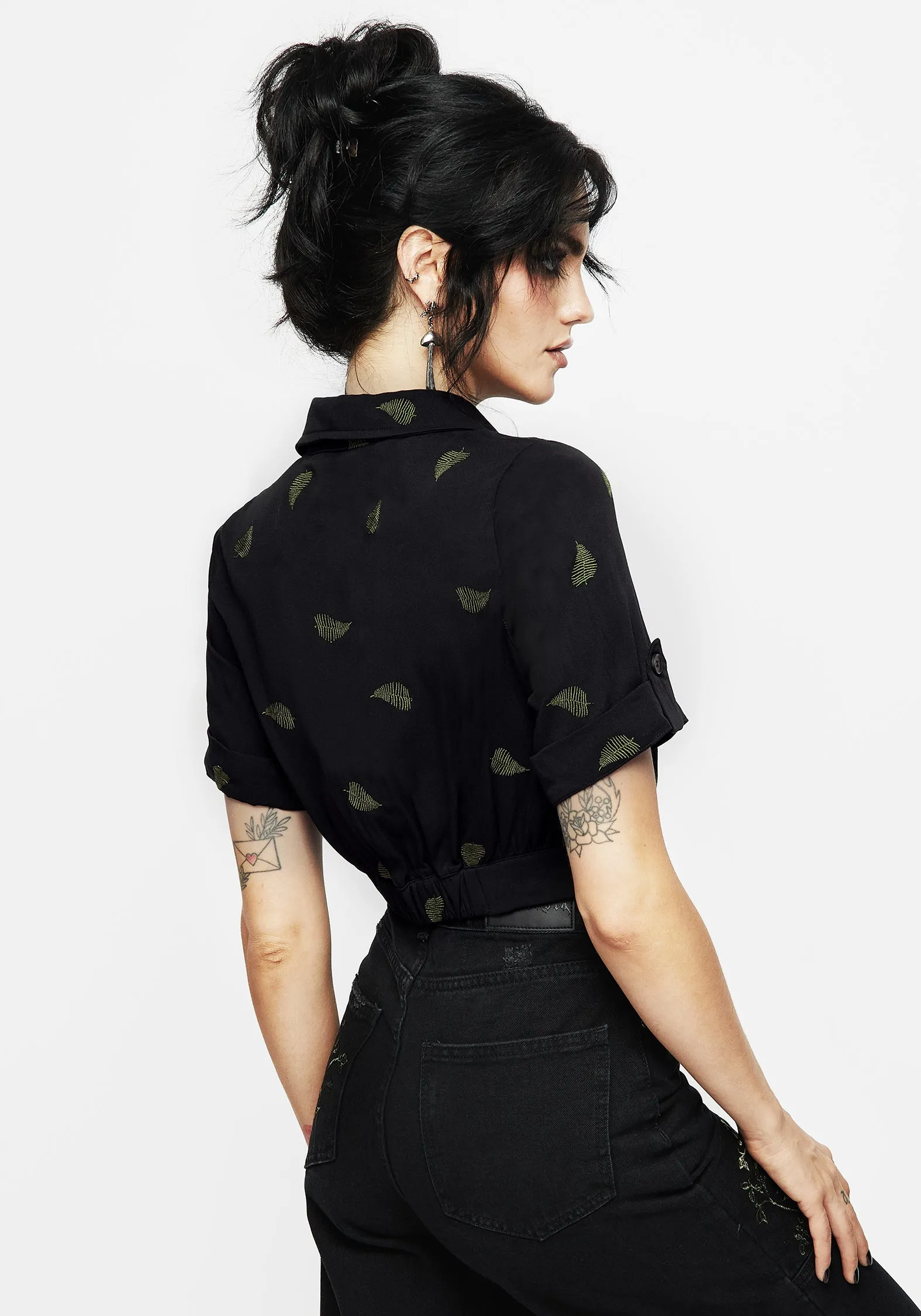 Osmunda Fern Embroidered Short Sleeve Crop Shirt Bold Print slim cut