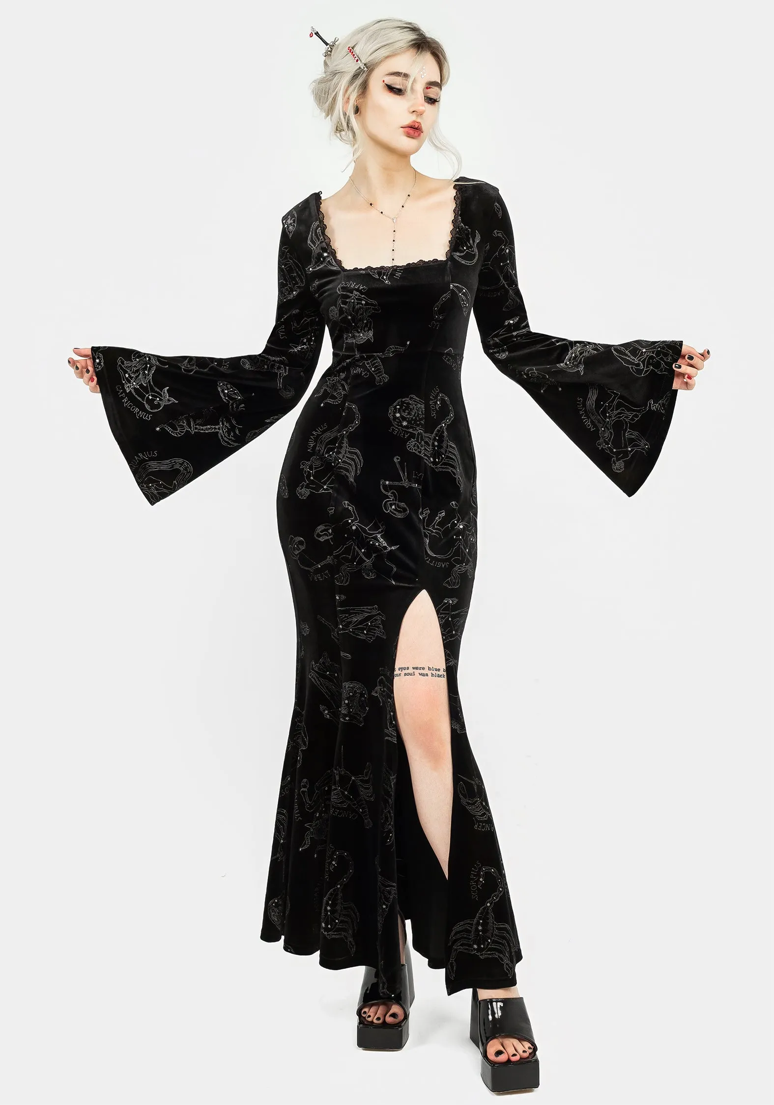 Zodiac Foil Print Velour Flute Sleeve Maxi Gown Flare Hem