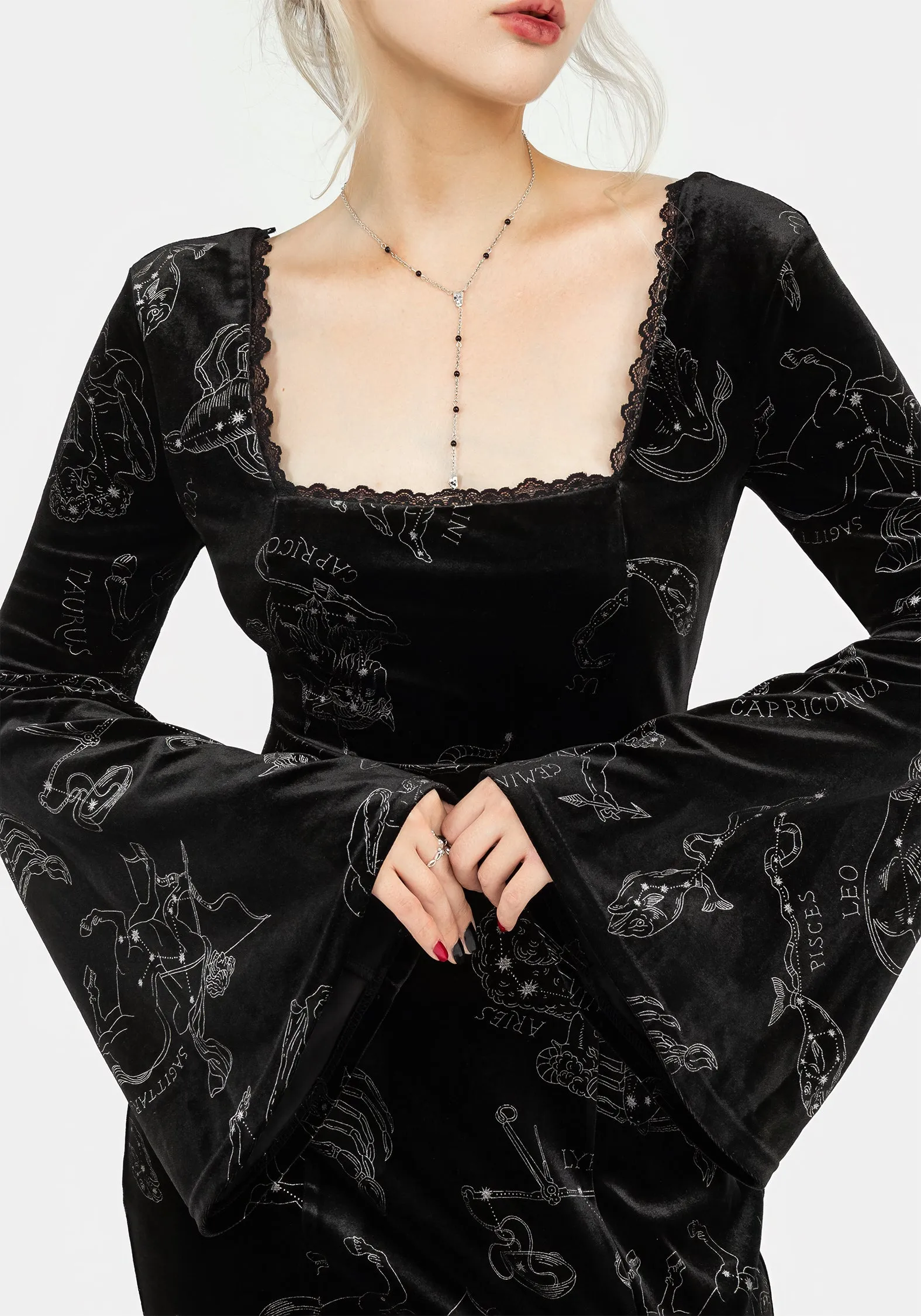 Zodiac Foil Print Velour Flute Sleeve Maxi Gown Autumn Look Soft Presence