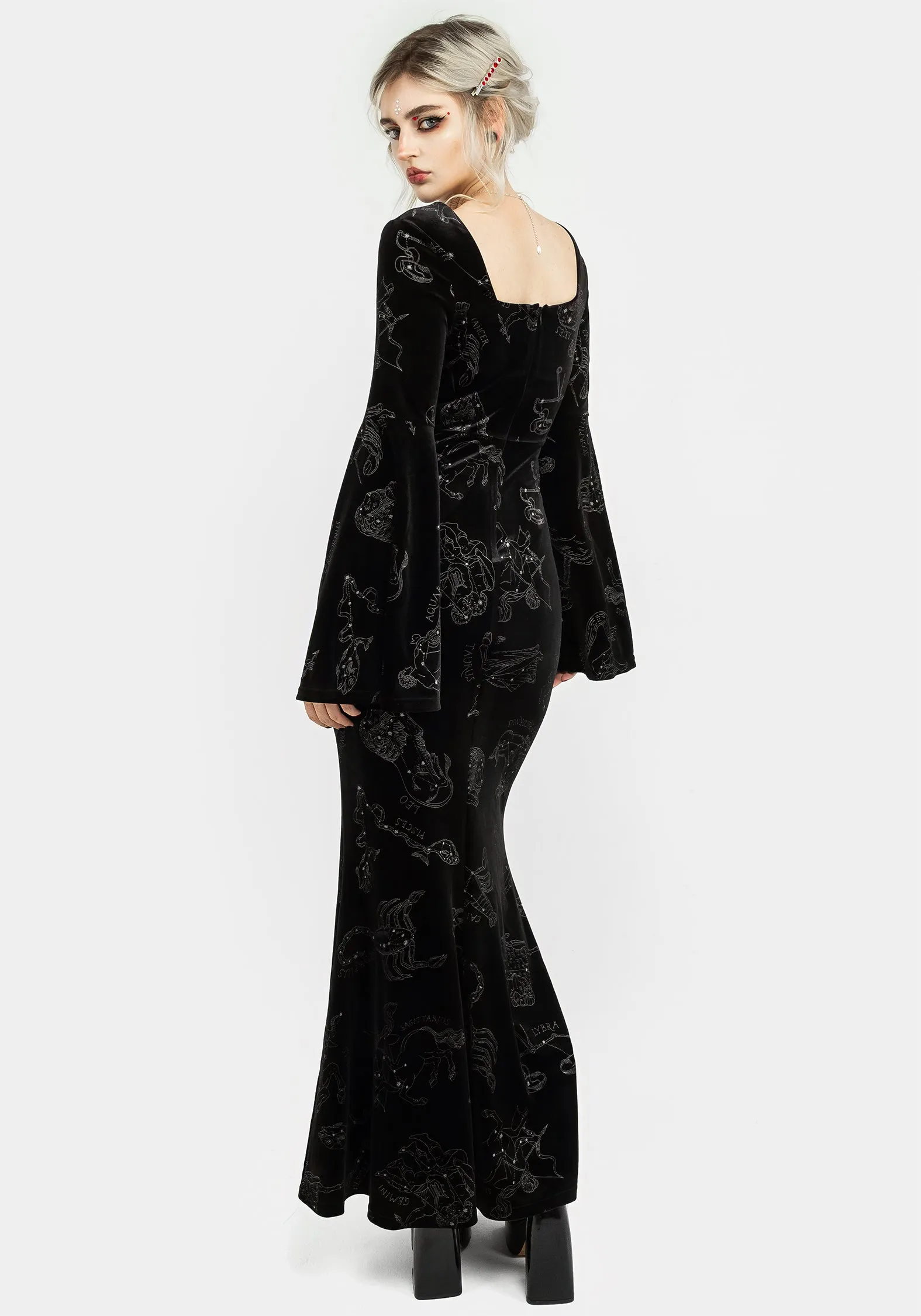 Zodiac Foil Print Velour Flute Sleeve Maxi Gown Subtle Charm Luxe Wear